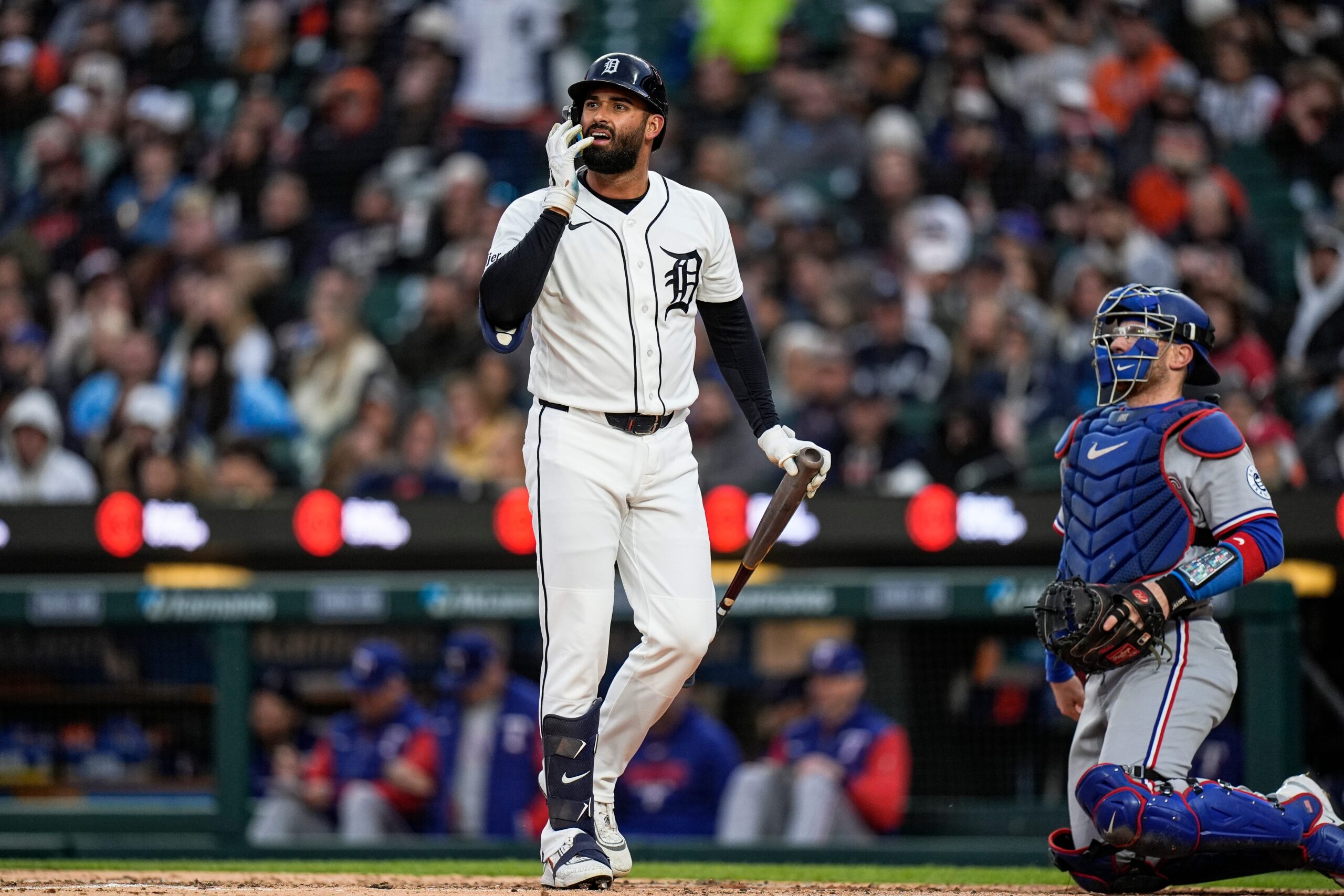 Detroit Tigers left fielder Riley Greene (31) looks on before batting against Texas Rangers during the third inning at Comerica Park in Detroit on Saturday, May 2, 2026.