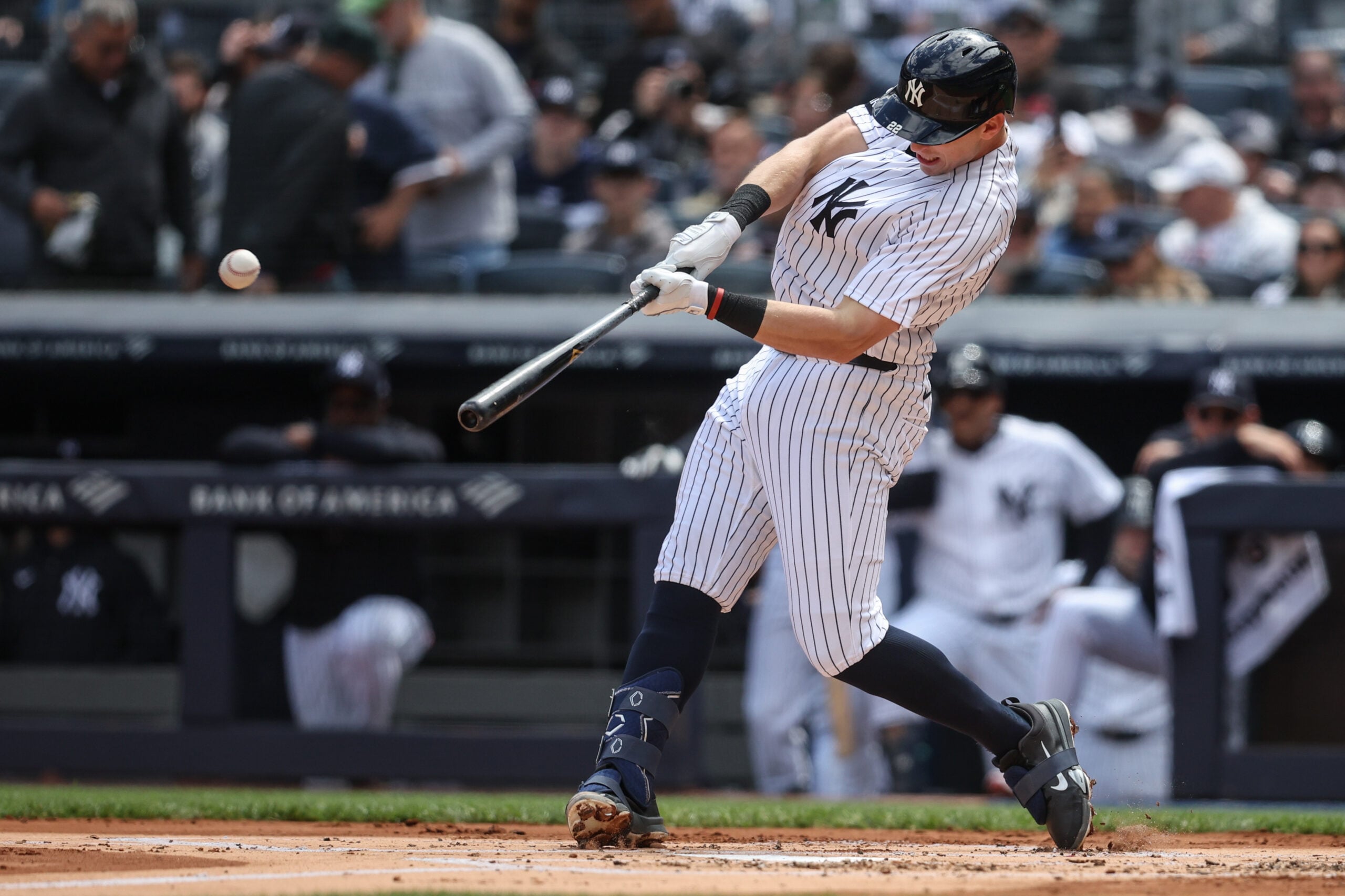 May 3, 2026; Bronx, New York, USA;  New York Yankees first baseman Ben Rice (22) hits a solo home run in the first inning against the Baltimore Orioles at Yankee Stadium. Mandatory Credit: Wendell Cruz-Imagn Images