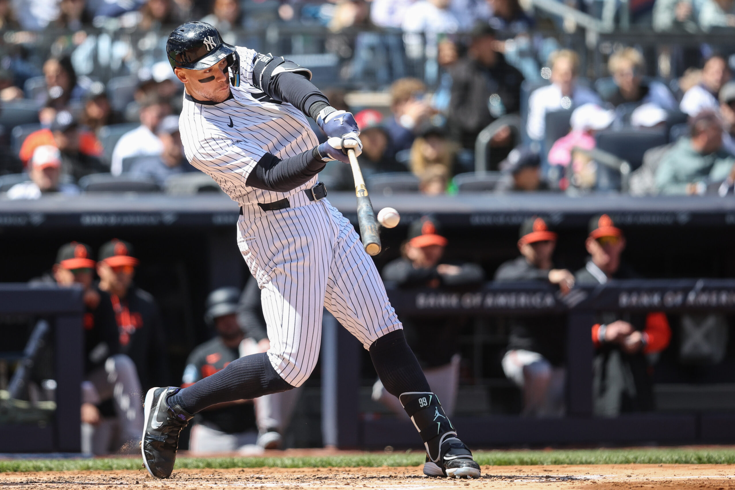 May 3, 2026; Bronx, New York, USA;  New York Yankees right fielder Aaron Judge (99) hits a two run home run in the third inning against the Baltimore Orioles at Yankee Stadium. Mandatory Credit: Wendell Cruz-Imagn Images