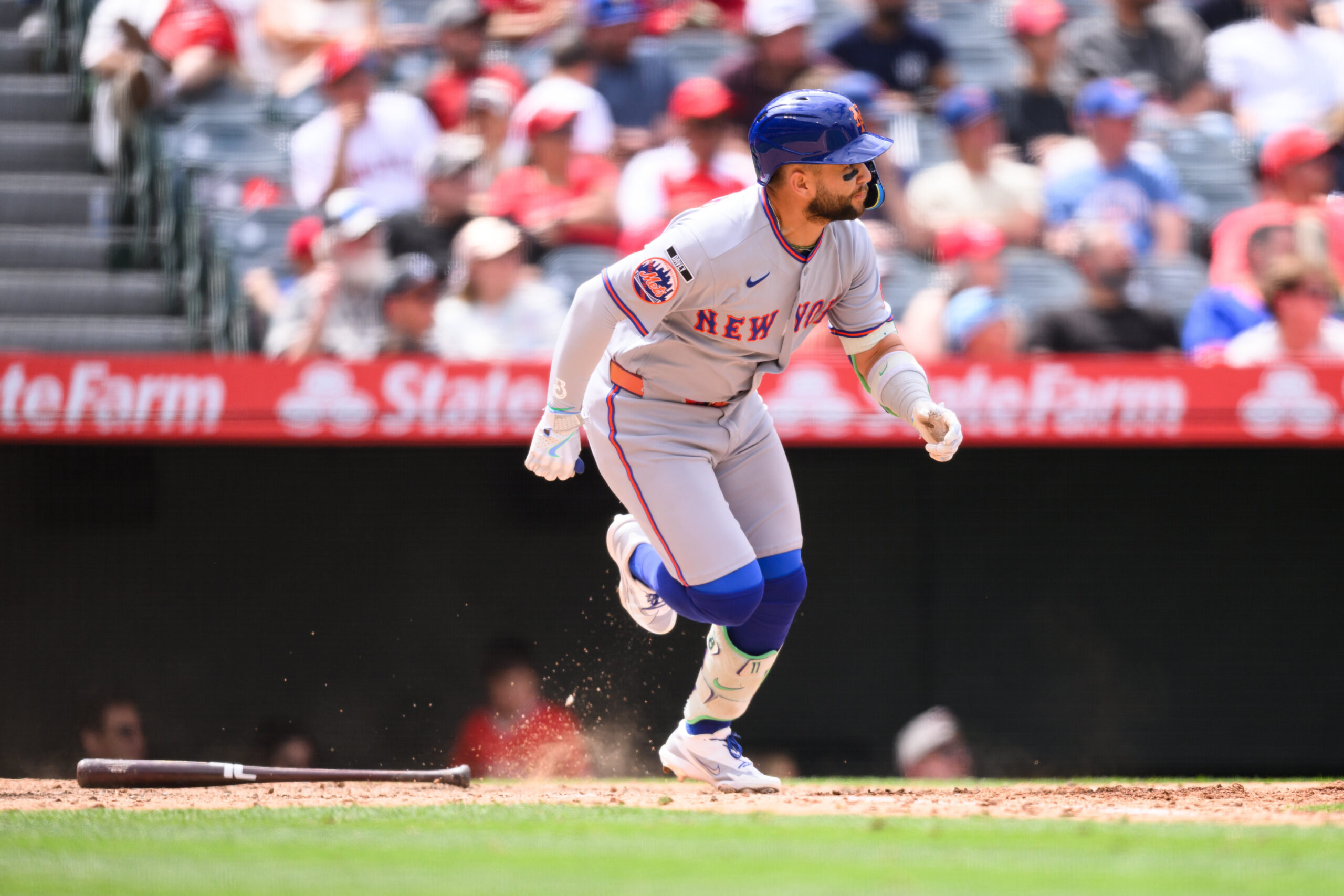 May 3, 2026; Anaheim, California, USA; New York Mets shortstop Bo Bichette (19) runs after hitting a single during the seventh inning against the Los Angeles Angels at Angel Stadium. Mandatory Credit: William Liang-Imagn Images