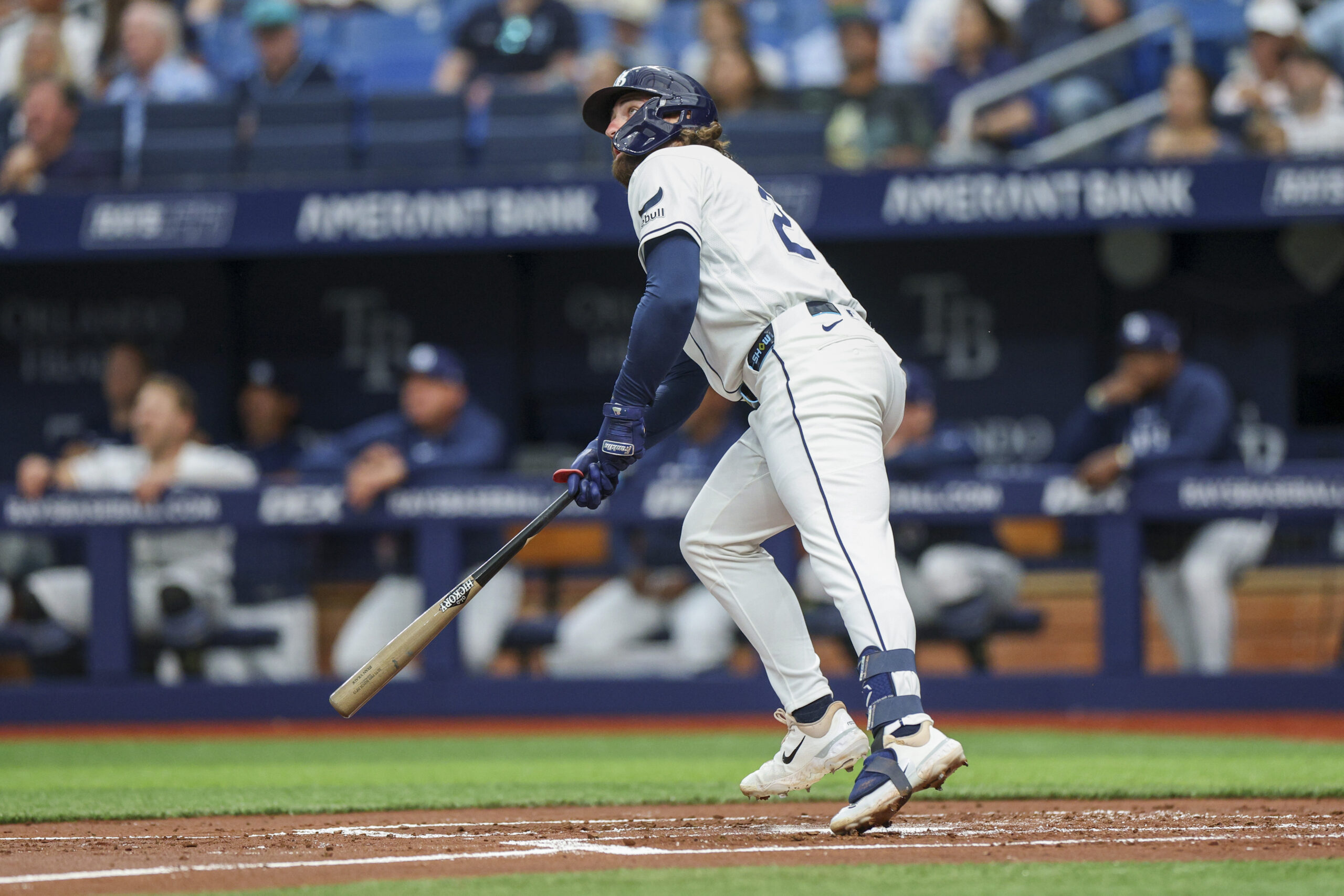 May 4, 2026; St. Petersburg, Florida, USA; Tampa Bay Rays right fielder Ryan Vilade (26) hits a three-run home run against the Toronto Blue Jays in the first inning at Tropicana Field. Mandatory Credit: Nathan Ray Seebeck-Imagn Images