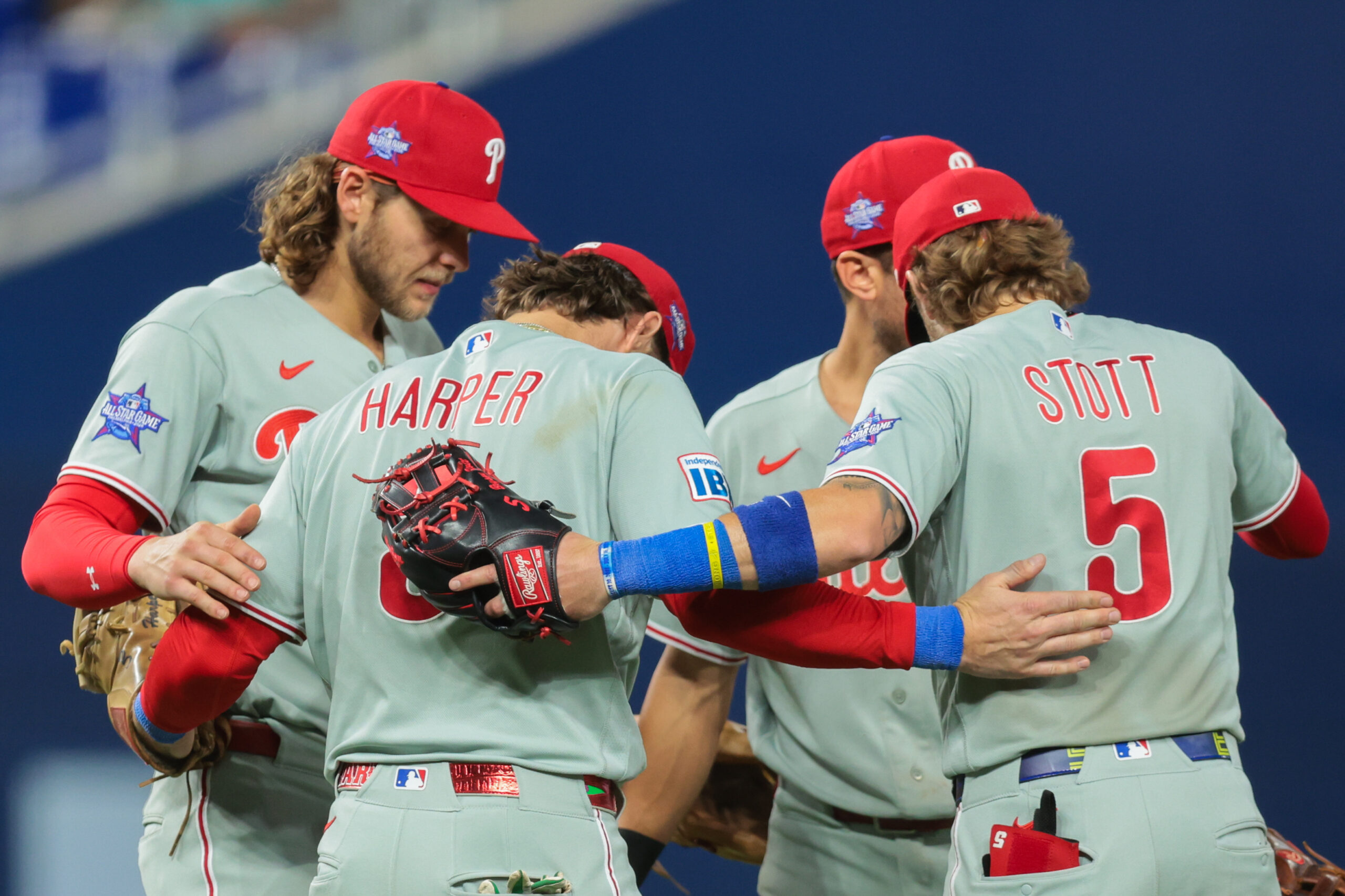 May 4, 2026; Miami, Florida, USA; Philadelphia Phillies first baseman Bryce Harper (3) celebrates with  teammates after the game against the Miami Marlins at loanDepot Park. Mandatory Credit: Sam Navarro-Imagn Images
