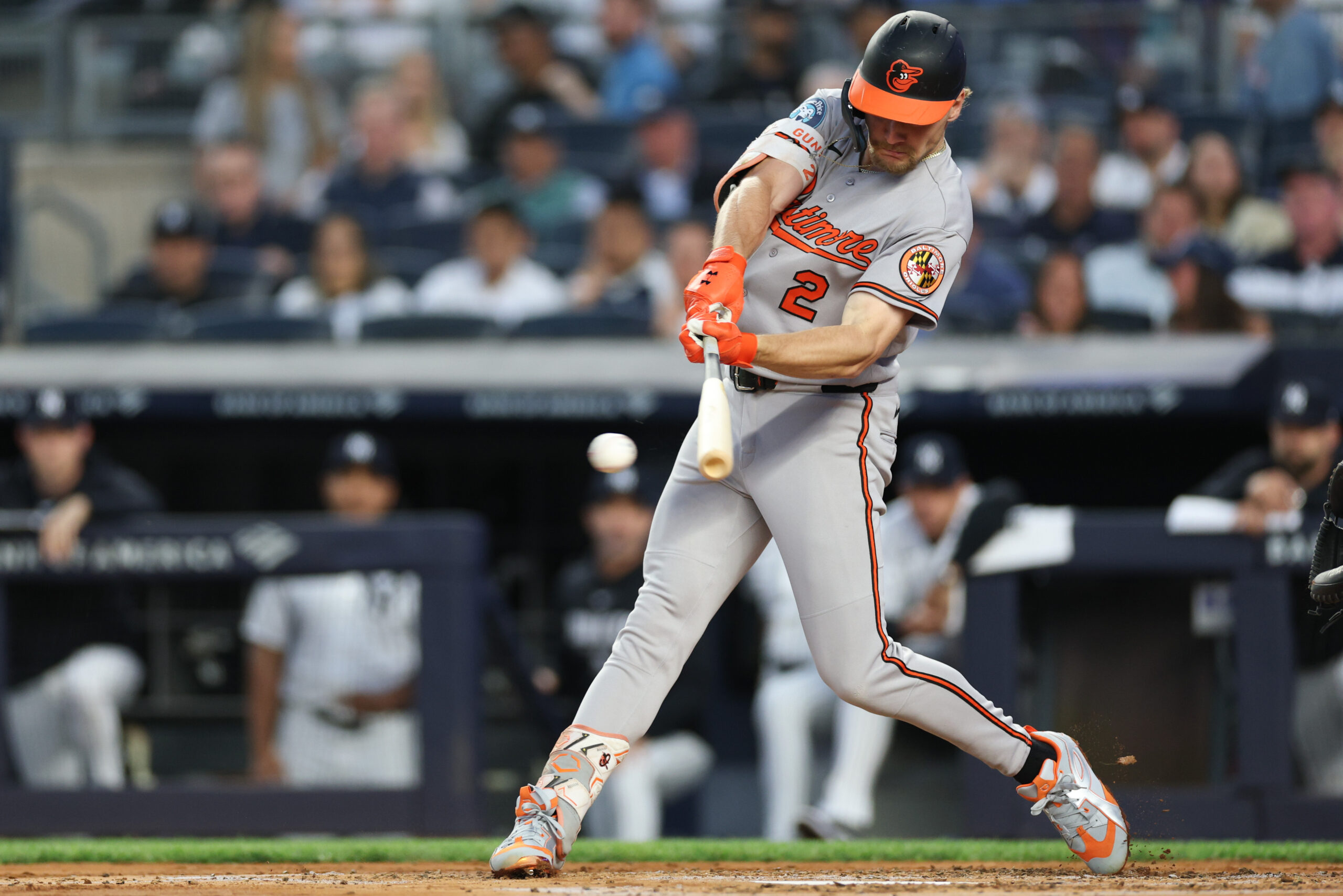 May 4, 2026; Bronx, New York, USA;  Baltimore Orioles shortstop Gunnar Henderson (2) singles during the third inning against the New York Yankees at Yankee Stadium. Mandatory Credit: Vincent Carchietta-Imagn Images