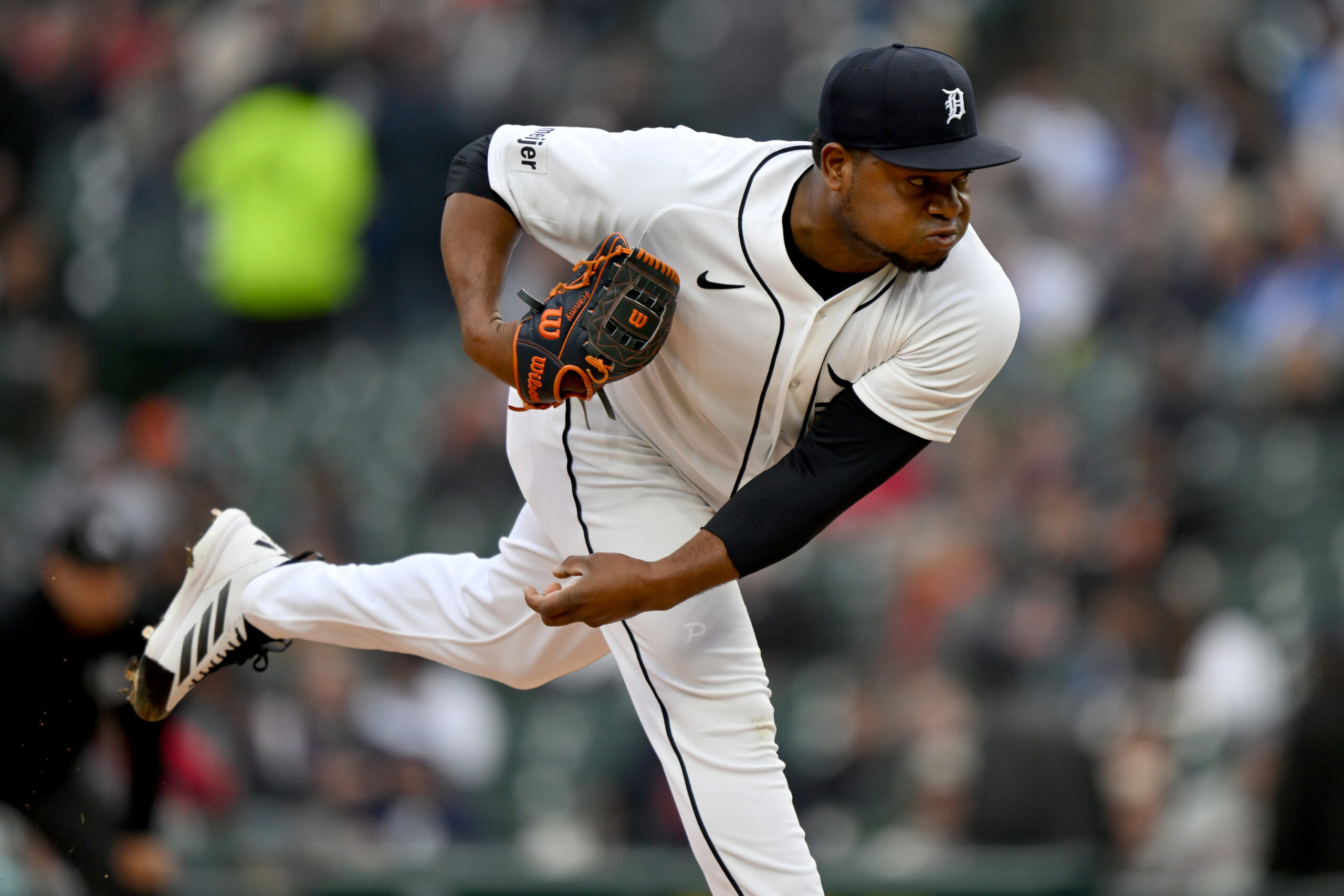 May 5, 2026; Detroit, Michigan, USA; Detroit Tigers starting pitcher Framber Valdez (59) throws a pitch against the Boston Red Sox in the first inning at Comerica Park. Mandatory Credit: Lon Horwedel-Imagn Images
