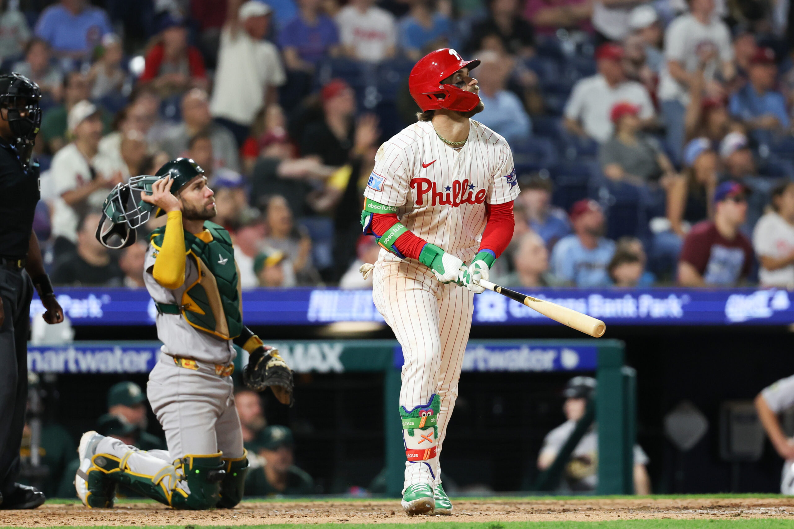 May 5, 2026; Philadelphia, Pennsylvania, USA; Philadelphia Phillies first baseman Bryce Harper (3) hits a two RBI home run during the eighth inning against the Athletics at Citizens Bank Park. Mandatory Credit: Bill Streicher-Imagn Images