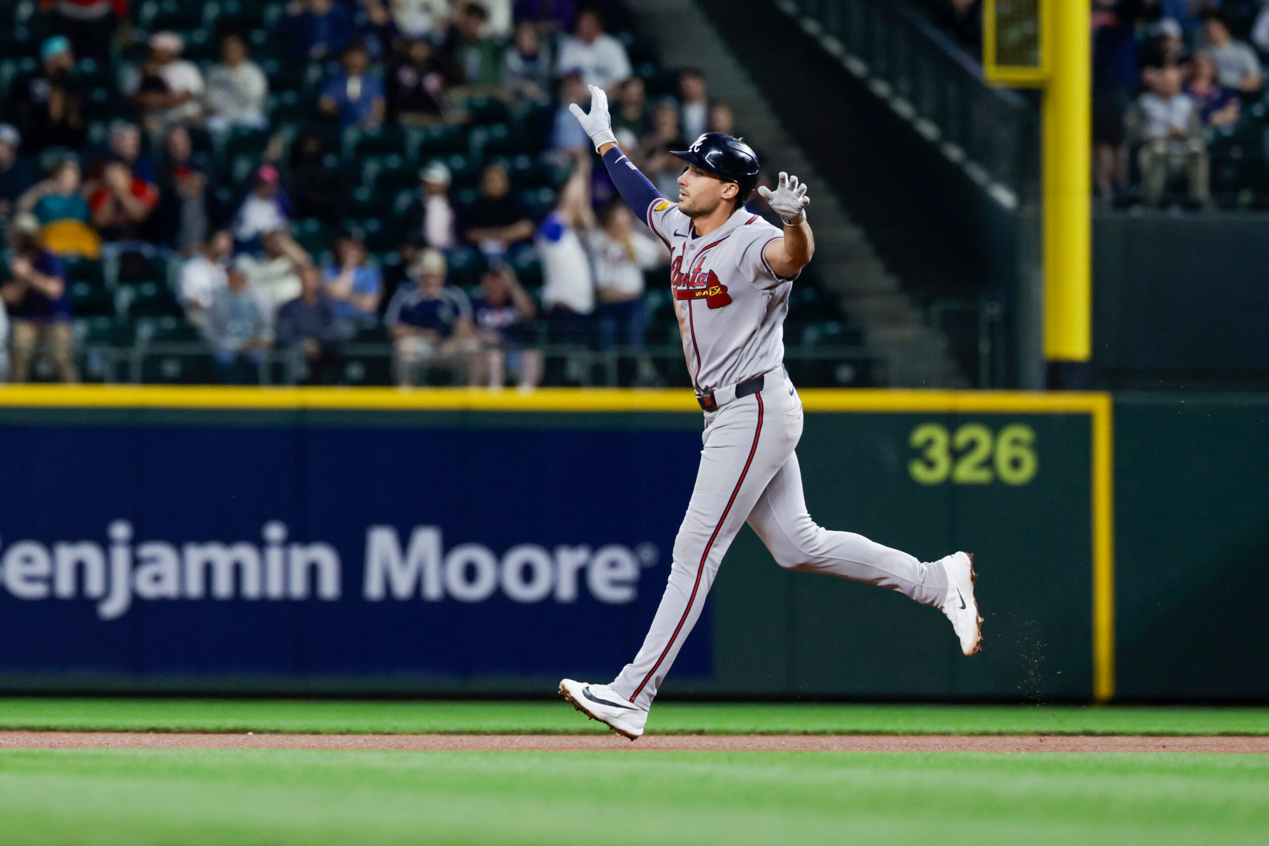 May 5, 2026; Seattle, Washington, USA; Atlanta Braves first baseman Matt Olson (28) runs the bases after hitting a solo-home run against the Seattle Mariners during the ninth inning at T-Mobile Park. Mandatory Credit: Joe Nicholson-Imagn Images