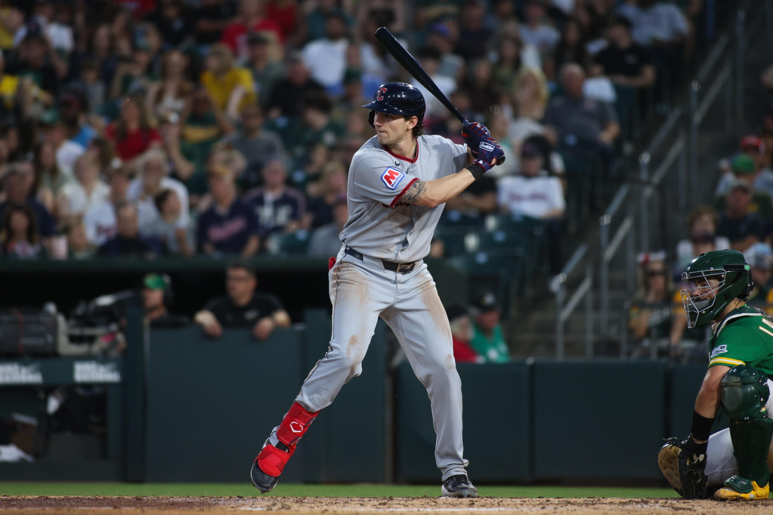 May 1, 2026; West Sacramento, California, USA; Cleveland Guardians right fielder Chase DeLauter (24) bats during the fifth inning against the Athletics at Sutter Health Park. Mandatory Credit: Scott Marshall-Imagn Images