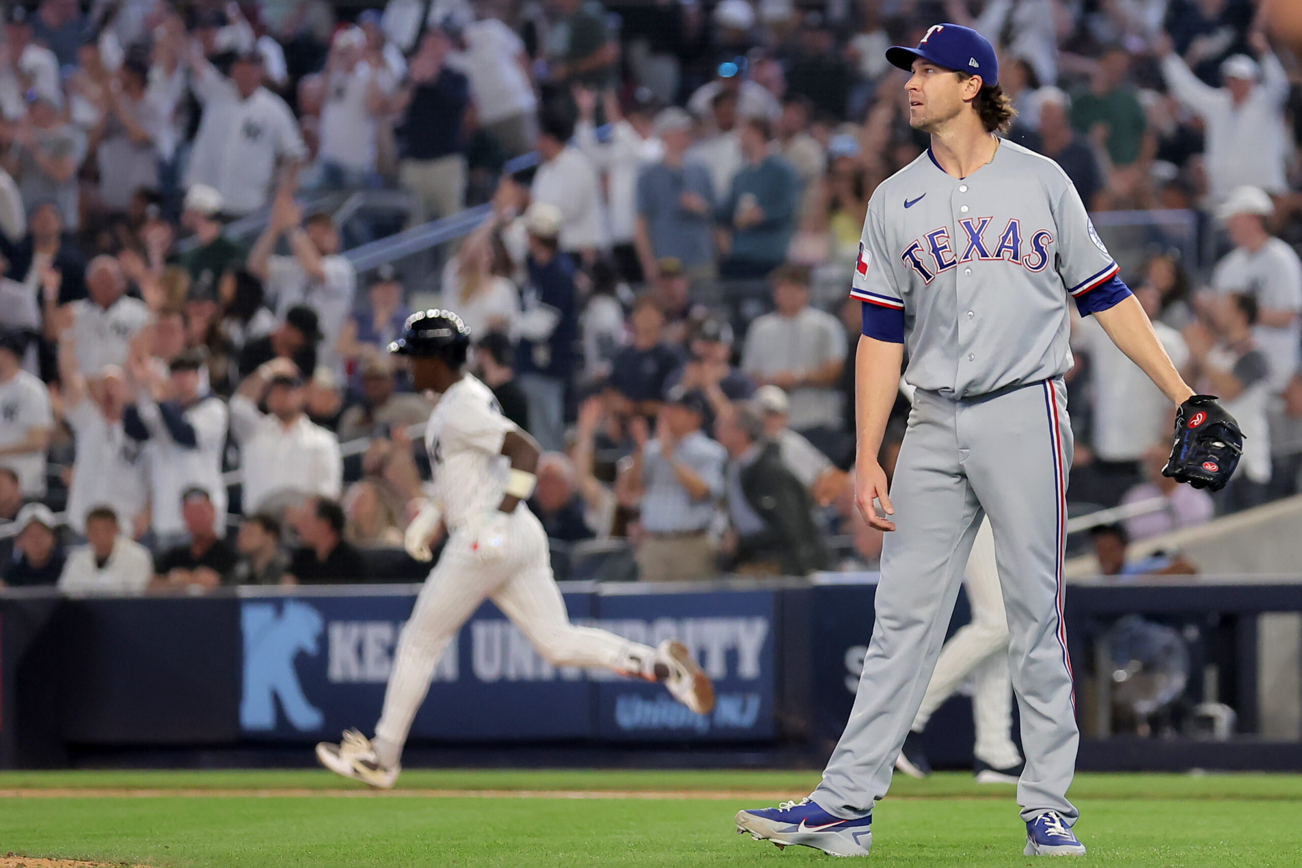 May 5, 2026; Bronx, New York, USA; New York Yankees second baseman Jazz Chisholm Jr. (13) rounds the bases after hitting a solo home run against Texas Rangers starting pitcher Jacob deGrom (48) during the sixth inning at Yankee Stadium. Mandatory Credit: Brad Penner-Imagn Images