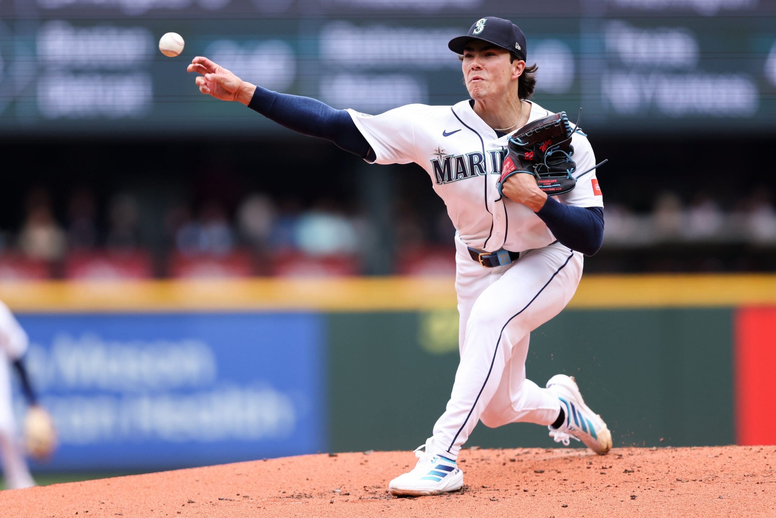 May 6, 2026; Seattle, Washington, USA; Seattle Mariners starting pitcher Bryan Woo (22) delivers in the second inning against the Atlanta Braves at T-Mobile Park. Mandatory Credit: Kevin Ng-Imagn Images