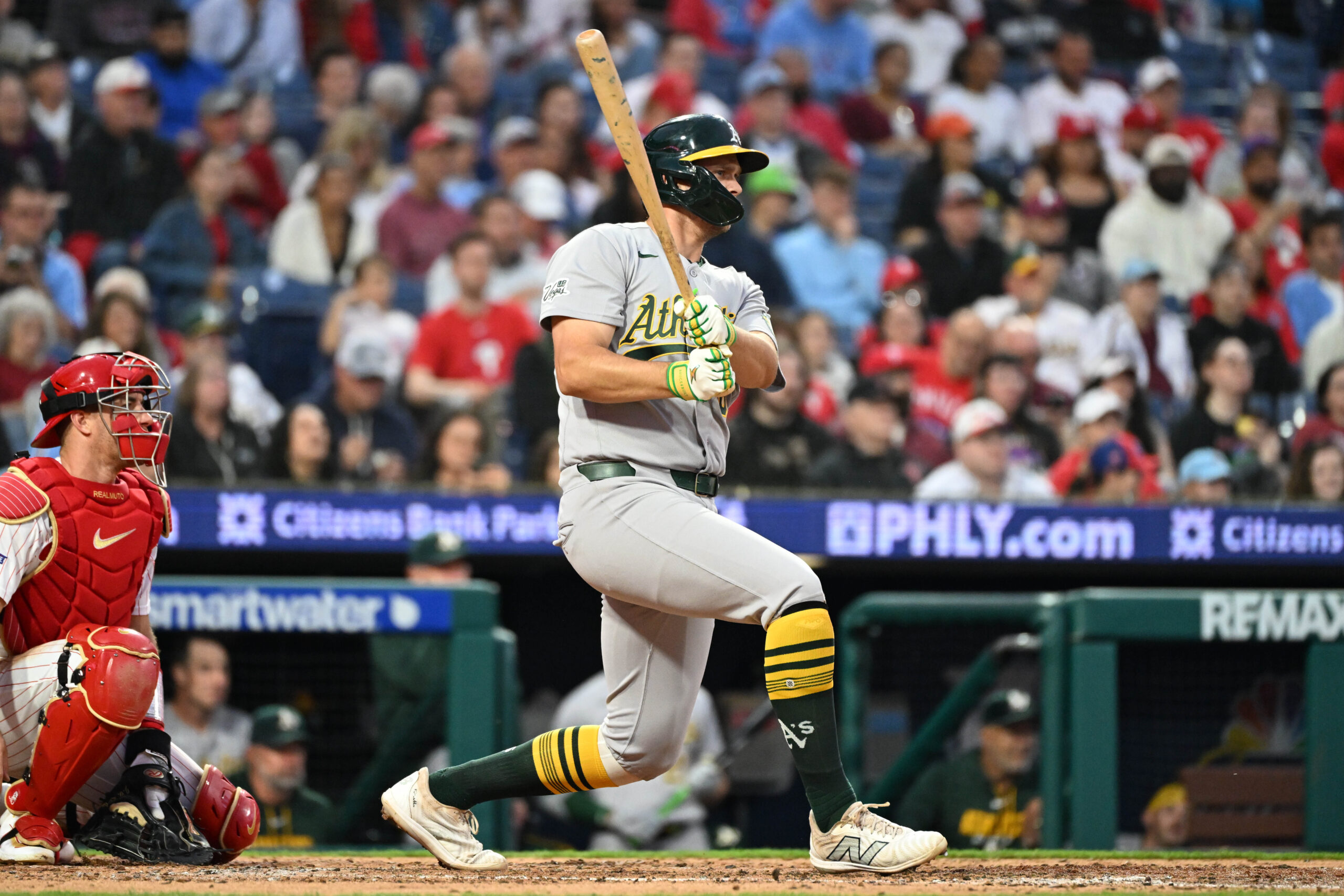 May 6, 2026; Philadelphia, Pennsylvania, USA; Athletics first baseman Nick Kurtz (16) hits an RBI single against the Philadelphia Phillies during the fifth inning at Citizens Bank Park. Mandatory Credit: Eric Hartline-Imagn Images