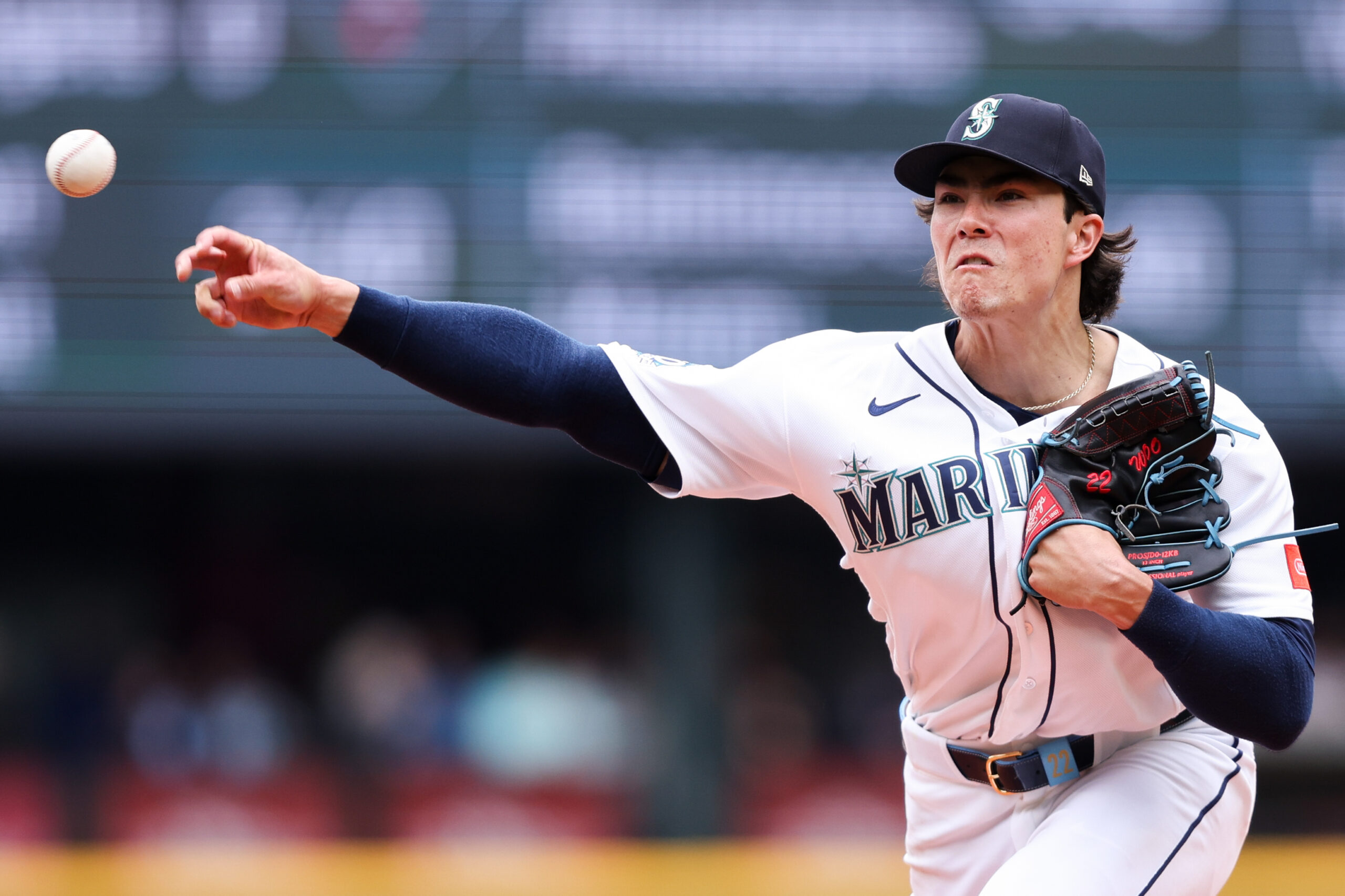 May 6, 2026; Seattle, Washington, USA; Seattle Mariners starting pitcher Bryan Woo (22) delivers a pitch in the second inning against the Atlanta Braves at T-Mobile Park. Mandatory Credit: Kevin Ng-Imagn Images