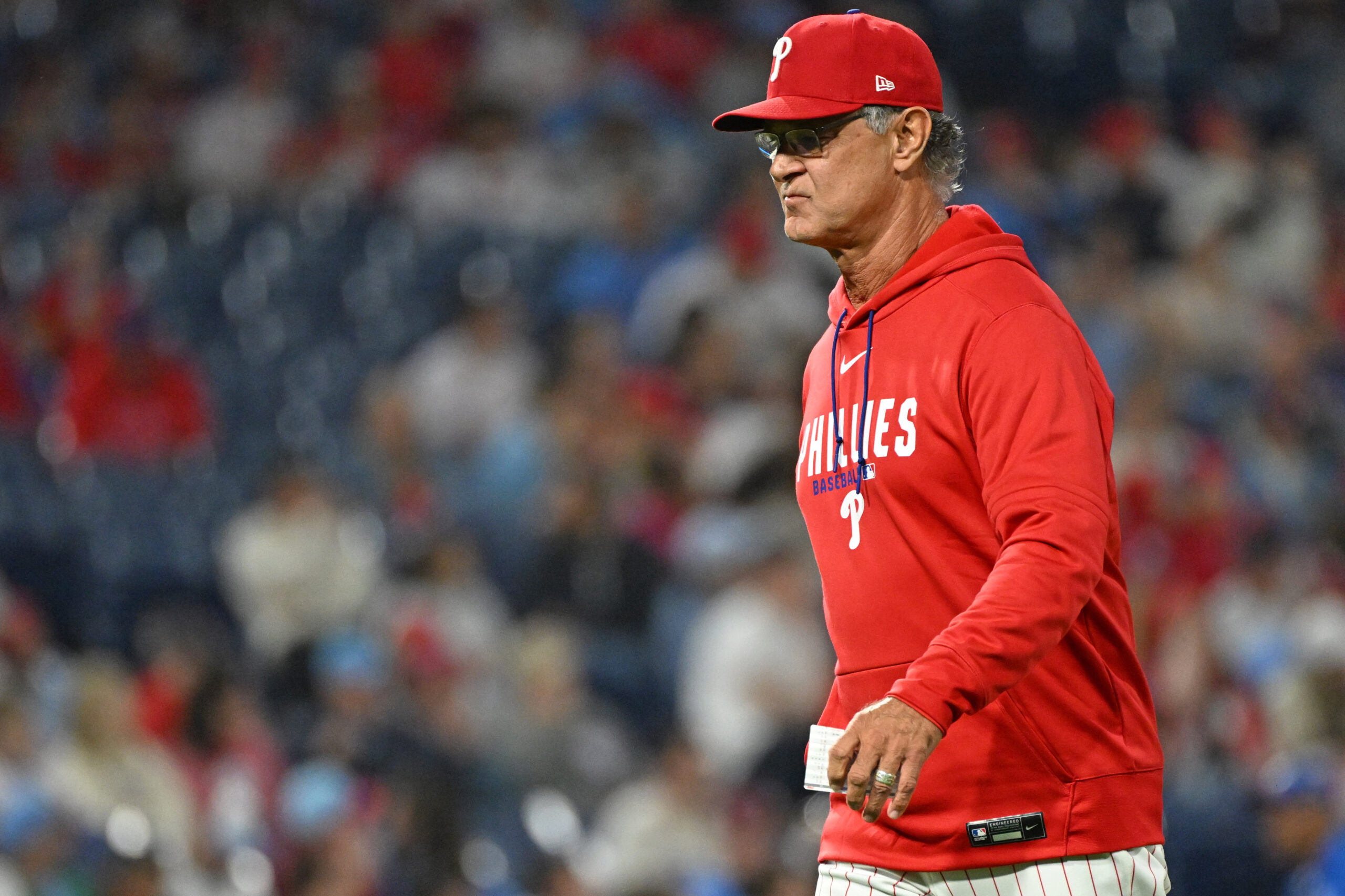 May 6, 2026; Philadelphia, Pennsylvania, USA; Philadelphia Phillies interim manger coach Don Mattingly (8) walks off the field after making a pitching change against the Athletics during the eighth inning at Citizens Bank Park. Mandatory Credit: Eric Hartline-Imagn Images