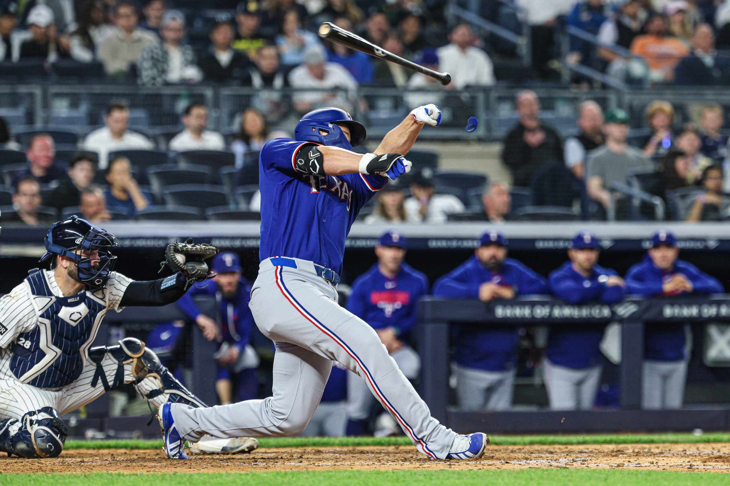 May 6, 2026; Bronx, New York, USA; Texas Rangers shortstop Corey Seager (5) loses his bat while swinging during the sixth inning against the New York Yankees at Yankee Stadium. Mandatory Credit: Vincent Carchietta-Imagn Images