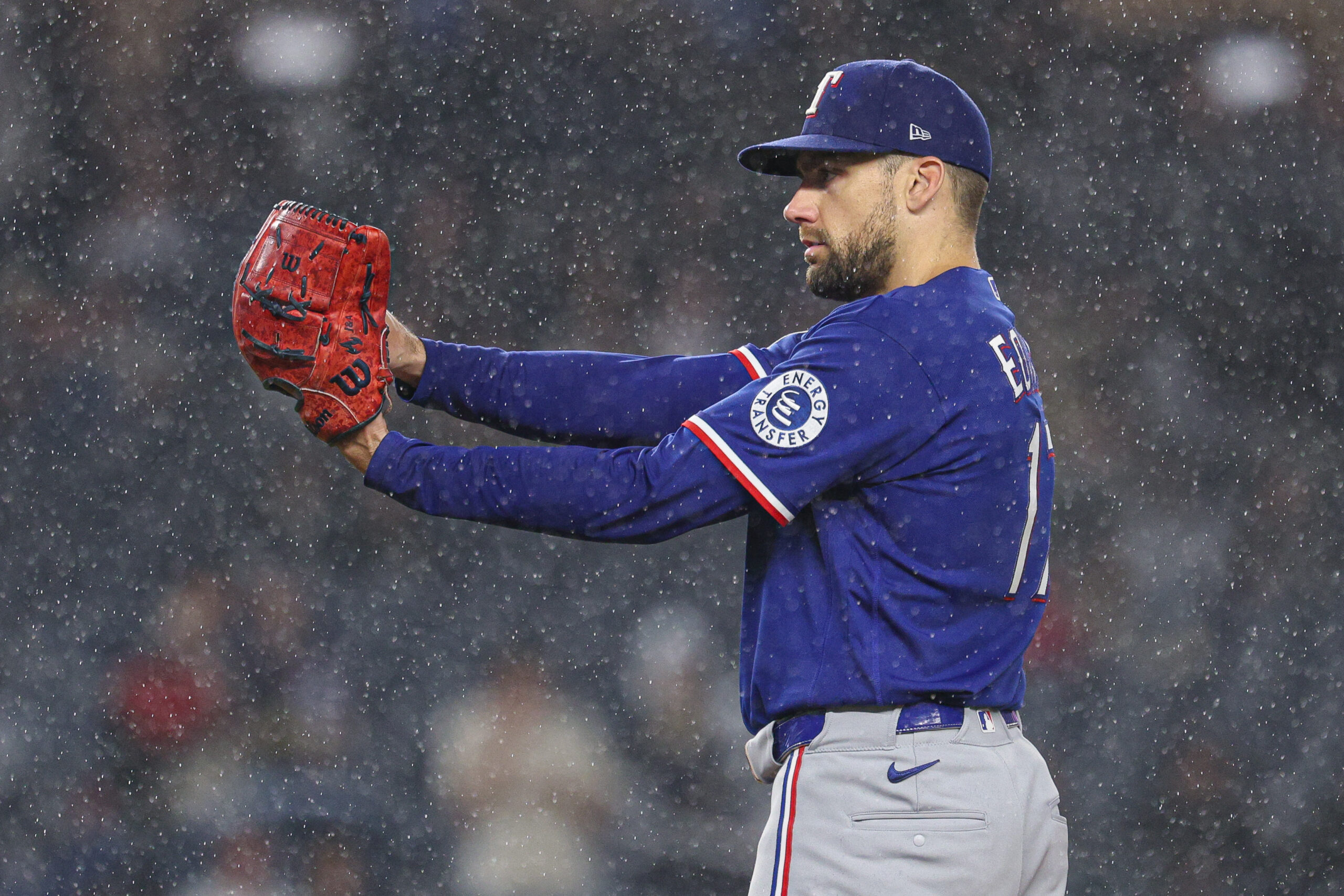 May 6, 2026; Bronx, New York, USA; Texas Rangers pitcher Nathan Eovaldi (17) delivers a pitch during the eighth inning against the New York Yankees at Yankee Stadium. Mandatory Credit: Vincent Carchietta-Imagn Images