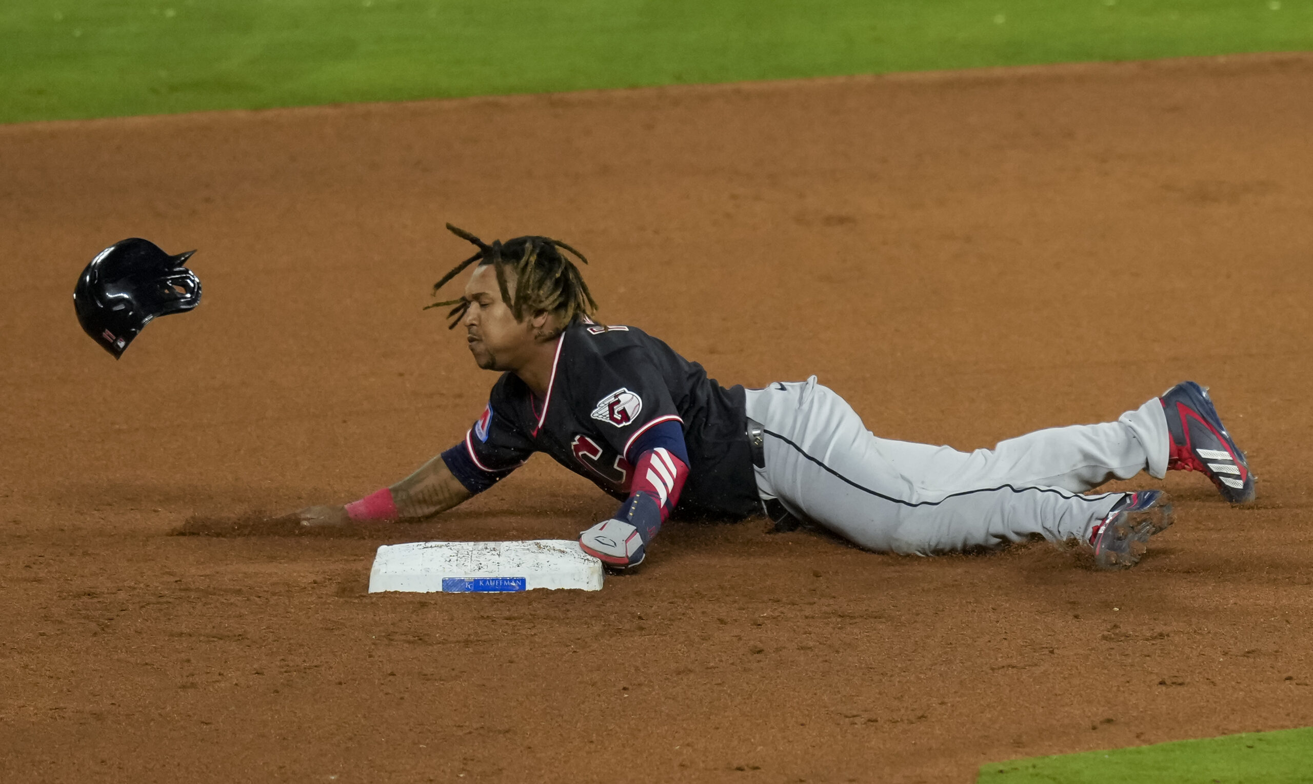 May 6, 2026; Kansas City, Missouri, USA; Cleveland Guardians third baseman José Ramírez (11) steals second base during the eighth inning against the Kansas City Royals at Kauffman Stadium. Mandatory Credit: Jay Biggerstaff-Imagn Images