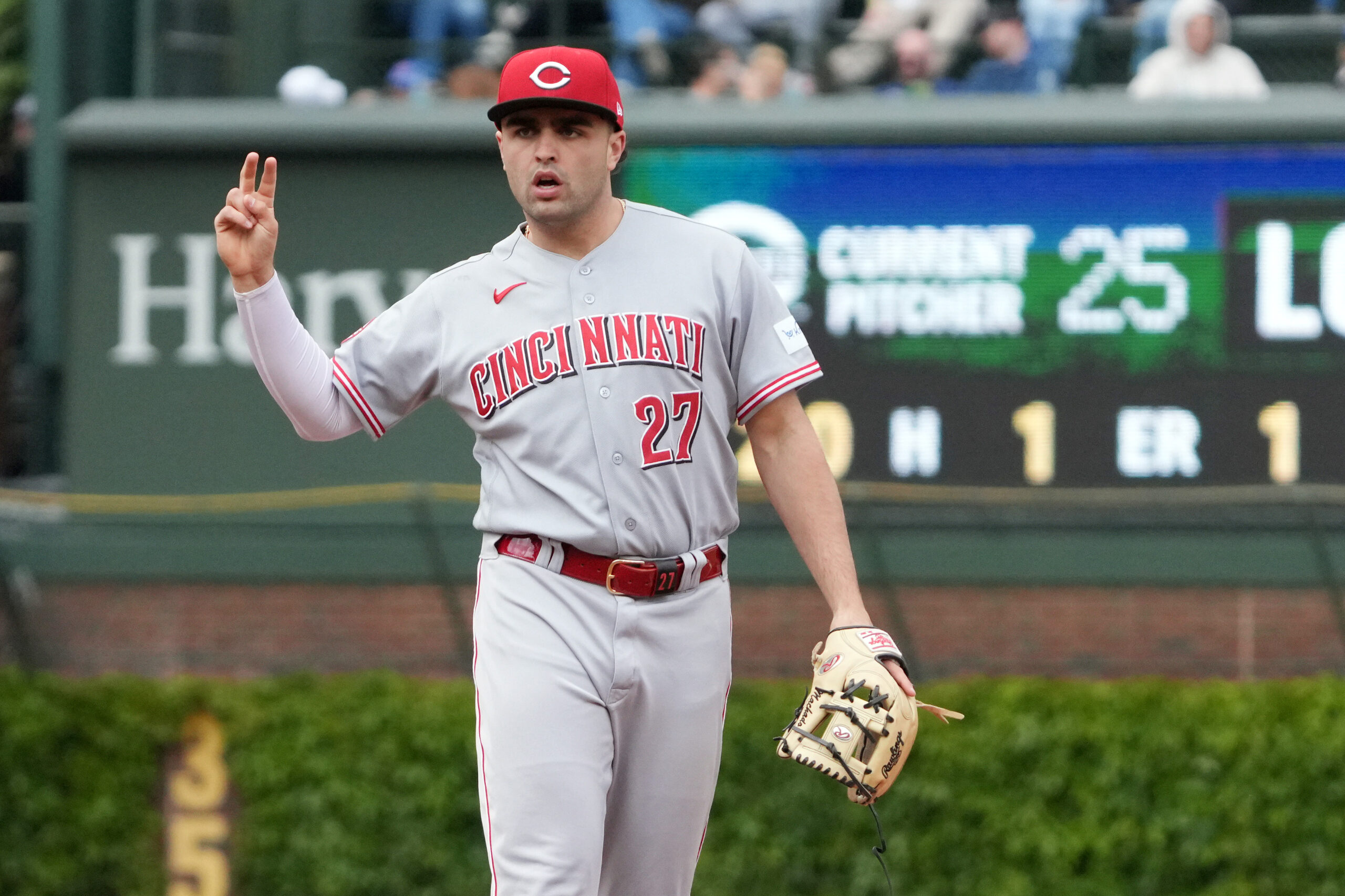 May 7, 2026; Chicago, Illinois, USA; Cincinnati Reds second baseman Sal Stewart (27) gestures after completing a double play against the Chicago Cubs during the third inning at Wrigley Field. Mandatory Credit: David Banks-Imagn Images