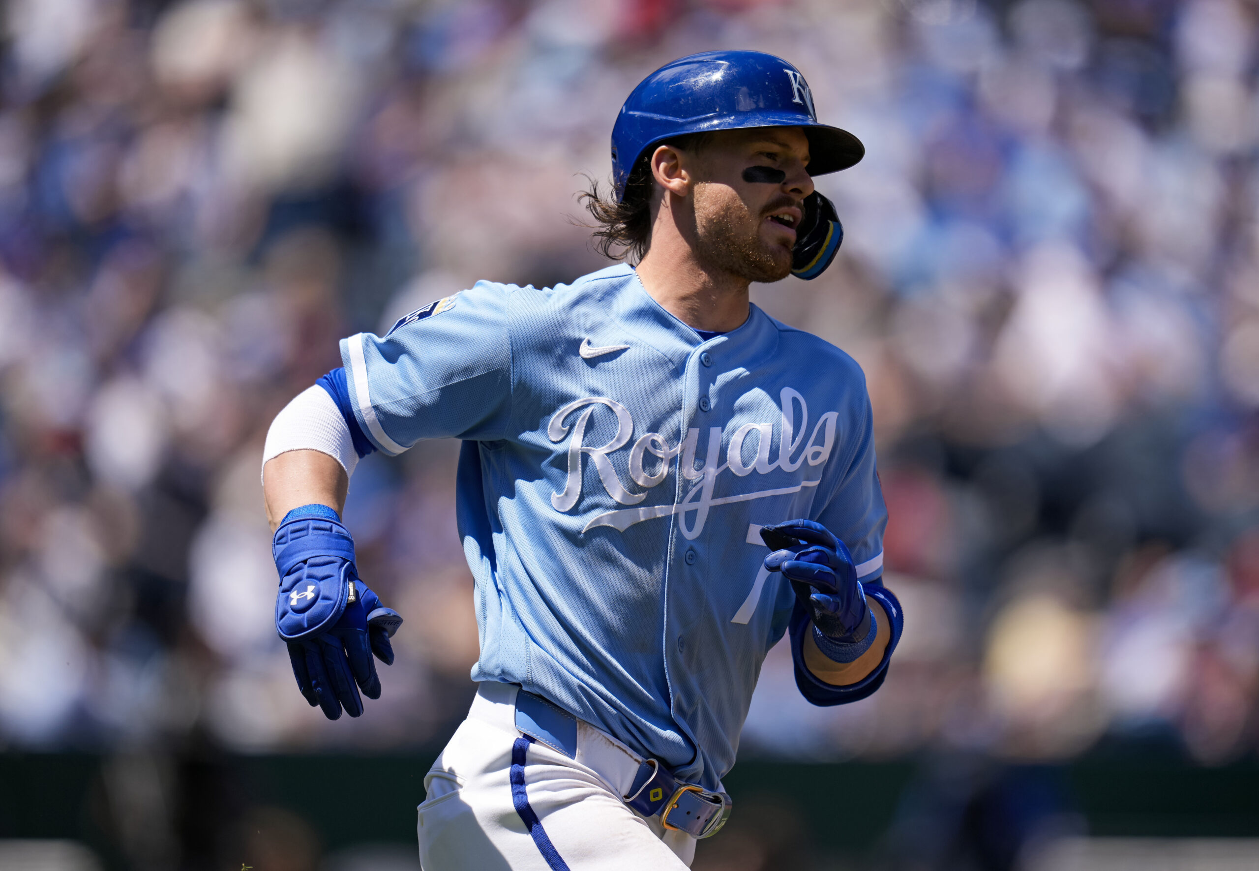 May 7, 2026; Kansas City, Missouri, USA; Kansas City Royals shortstop Bobby Witt Jr. (7) runs to first base after hitting a single during the third inning against the Cleveland Guardians at Kauffman Stadium. Mandatory Credit: Jay Biggerstaff-Imagn Images