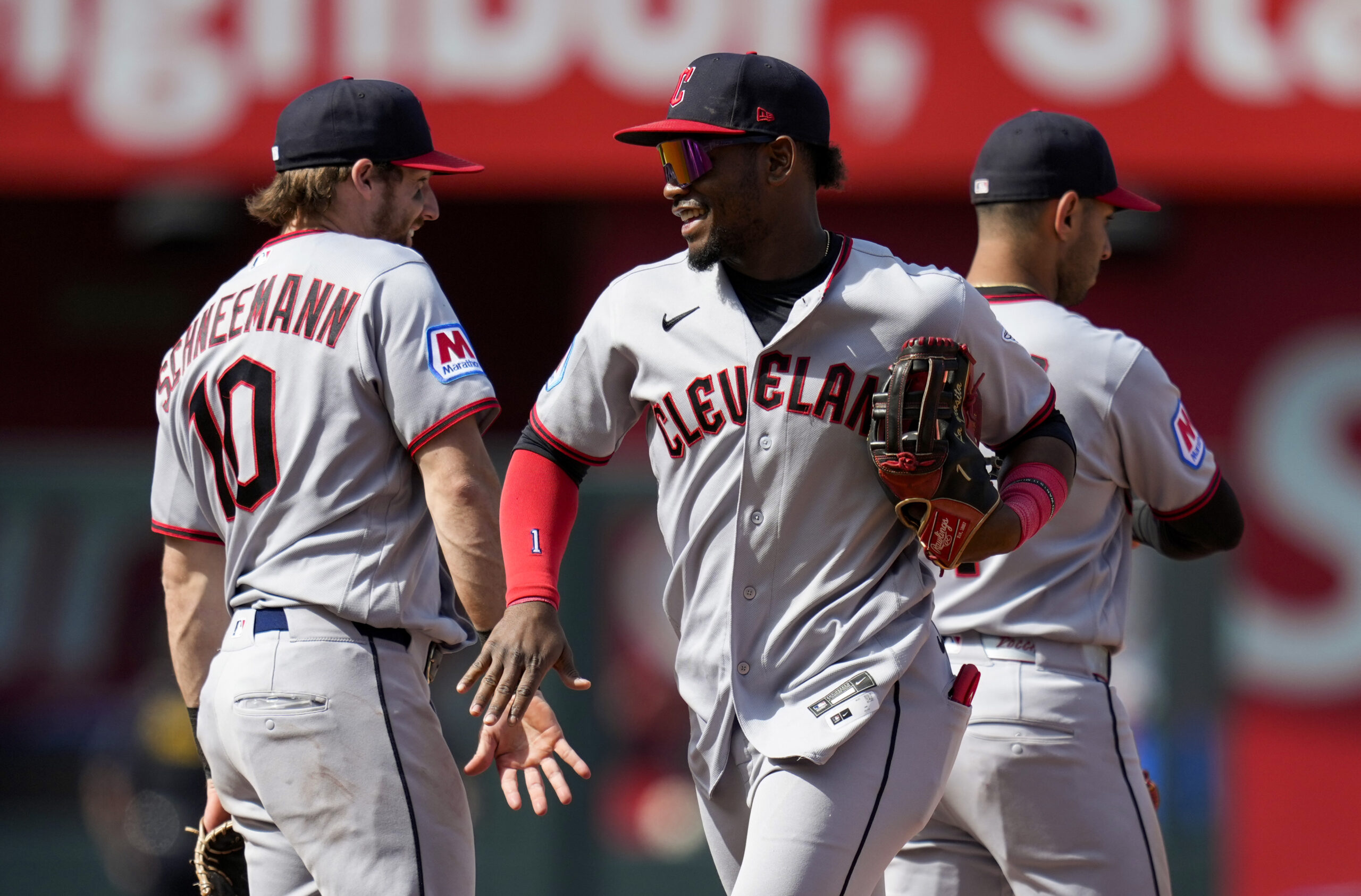 May 7, 2026; Kansas City, Missouri, USA; Cleveland Guardians left fielder Angel Martínez (1) celebrates with teammates after defeating the Kansas City Royals at Kauffman Stadium. Mandatory Credit: Jay Biggerstaff-Imagn Images