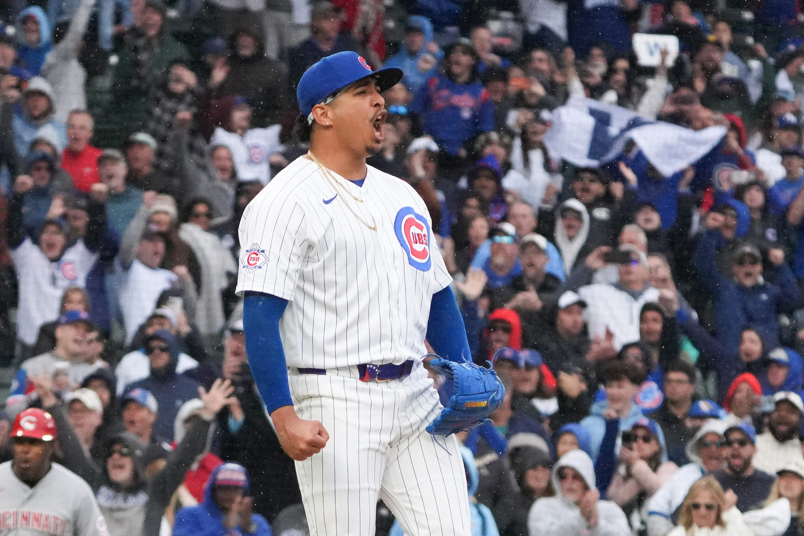 May 7, 2026; Chicago, Illinois, USA; Chicago Cubs pitcher Daniel Palencia reacts after getting the final out against the Cincinnati Reds during the ninth inning at Wrigley Field. Mandatory Credit: David Banks-Imagn Images