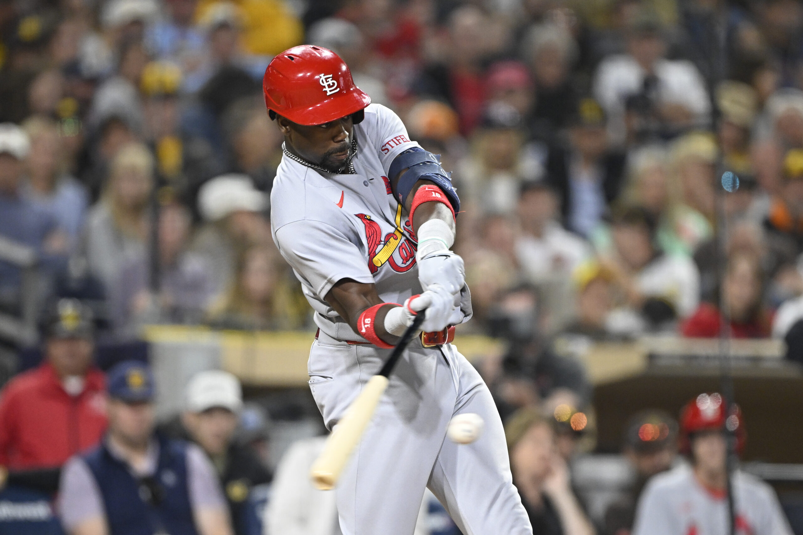 May 7, 2026; San Diego, California, USA; St. Louis Cardinals right fielder Jordan Walker (18) hits a double during the ninth inning against the San Diego Padres at Petco Park. Mandatory Credit: Denis Poroy-Imagn Images