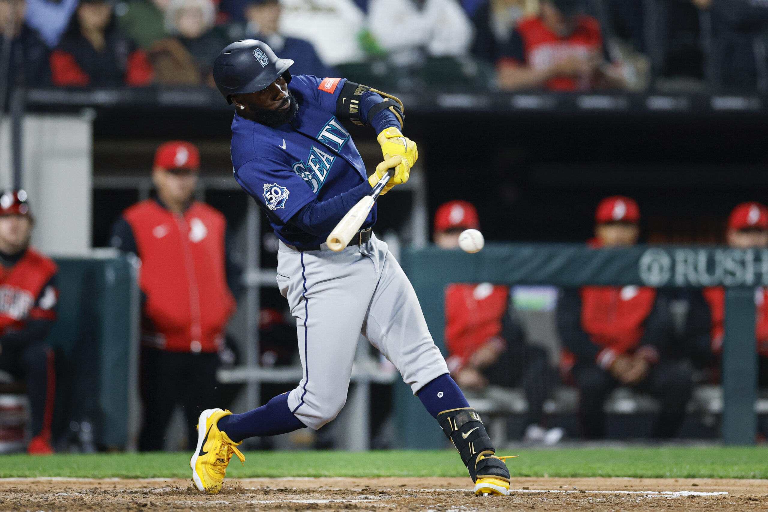 May 8, 2026; Chicago, Illinois, USA; Seattle Mariners left fielder Randy Arozarena (56) singles against the Chicago White Sox during the seventh inning at Rate Field. Mandatory Credit: Kamil Krzaczynski-Imagn Images