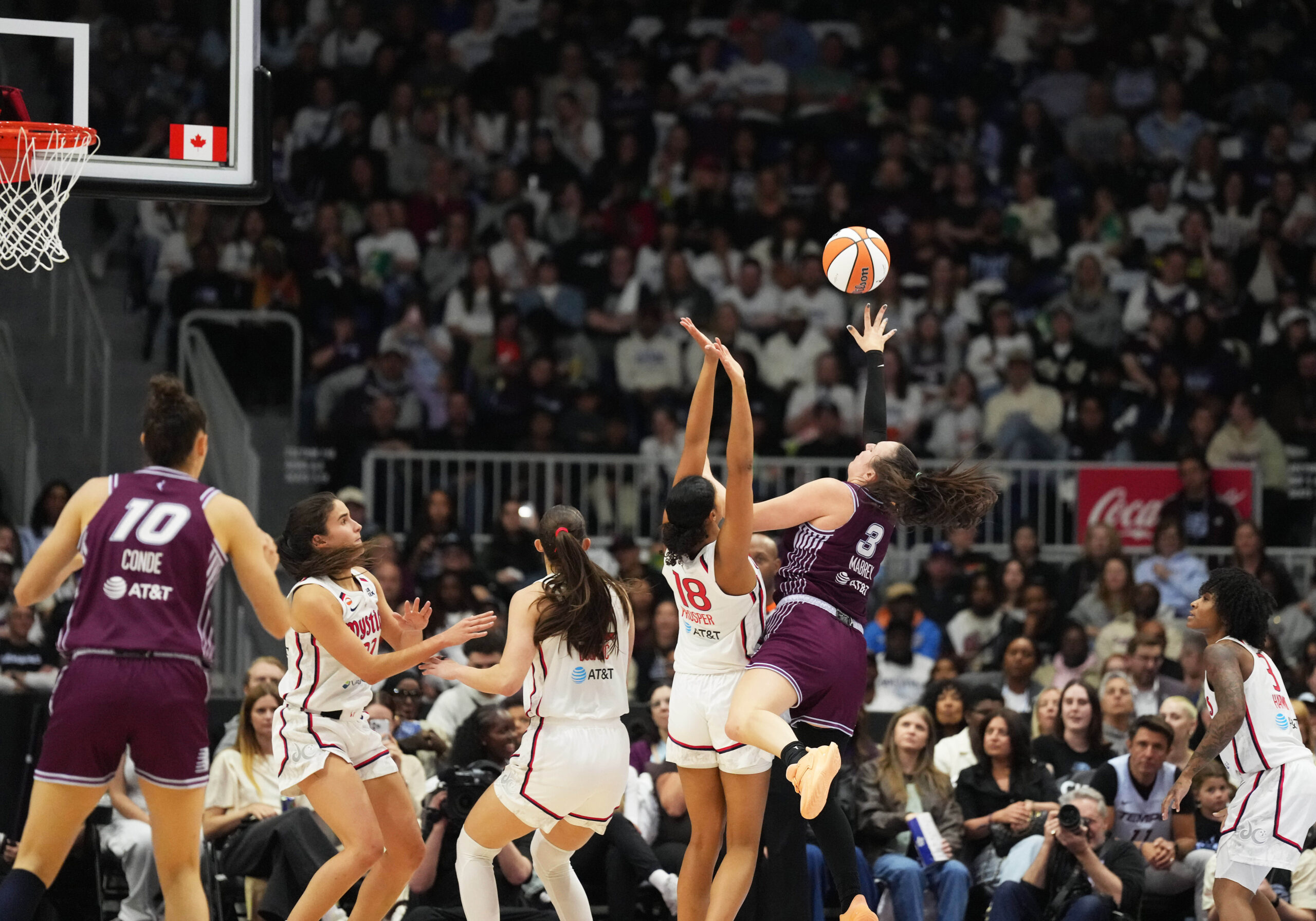 May 8, 2026; Toronto, Ontario, CAN; Toronto Tempo guard Marina Mabrey (3) shoots against Washington Mystics guard Cassandre Prosper (18) during the third quarter at Coke Cola Coliseum. Mandatory Credit: Nick Turchiaro-Imagn Images
