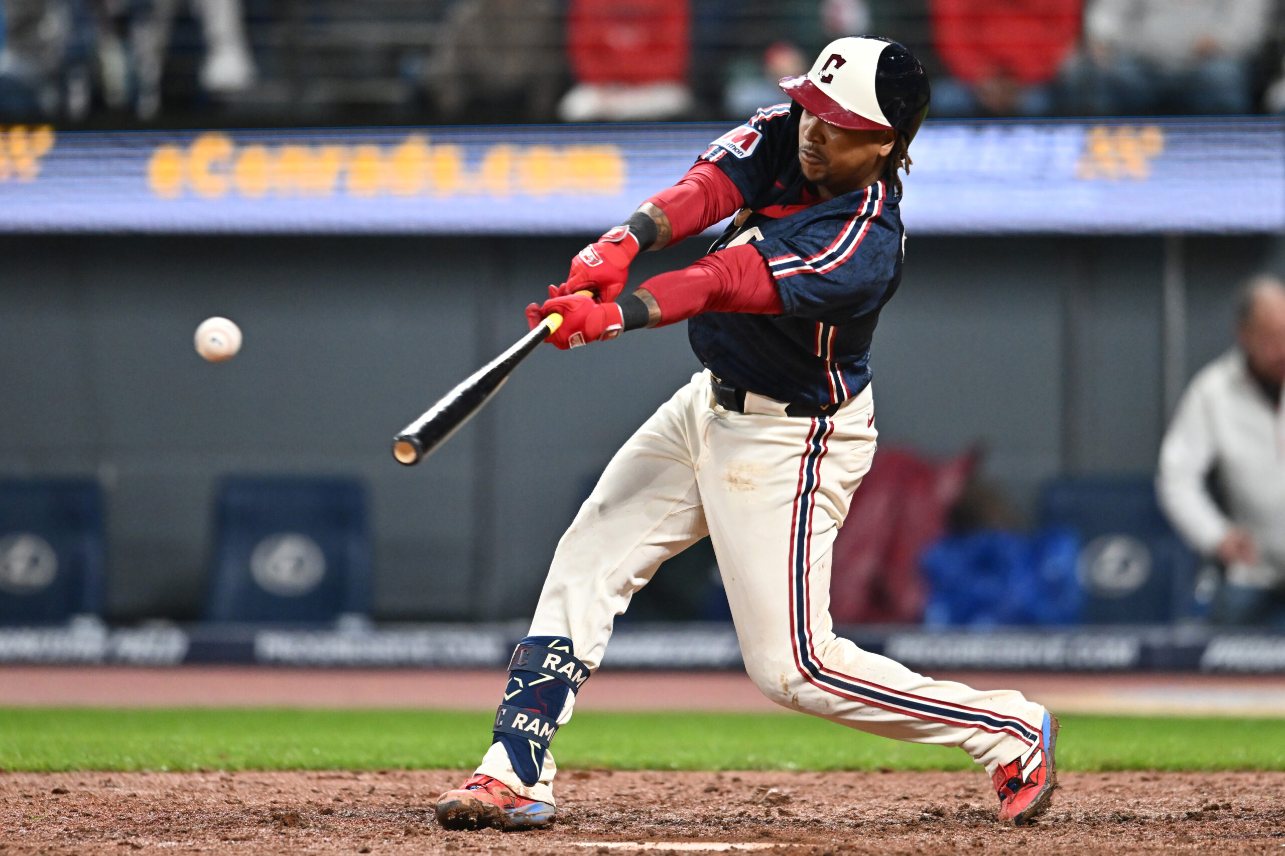 May 8, 2026; Cleveland, Ohio, USA; Cleveland Guardians third baseman Jose Ramirez (11) hits an RBI single during the eighth inning against the Minnesota Twins at Progressive Field. Mandatory Credit: Ken Blaze-Imagn Images