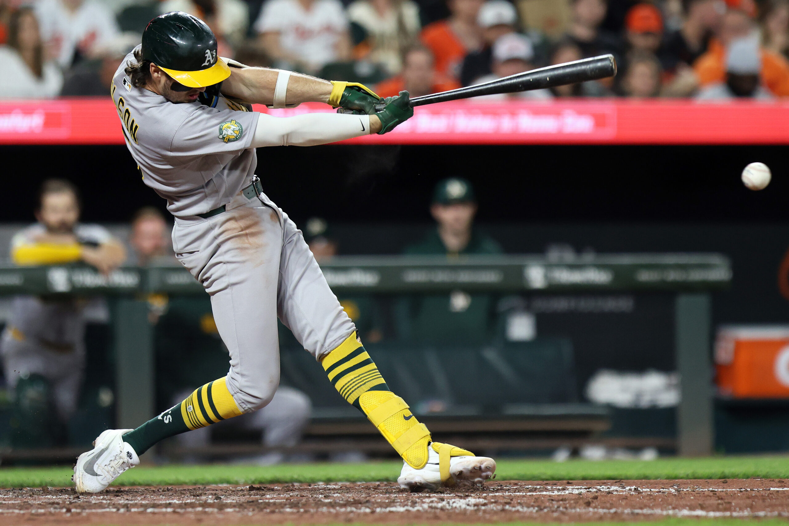 May 8, 2026; Baltimore, Maryland, USA; Athletics shortstop Jacob Wilson (5) hits a RBI single during the eighth inning against the Baltimore Orioles at Oriole Park at Camden Yards. Mandatory Credit: Daniel Kucin Jr.-Imagn Images