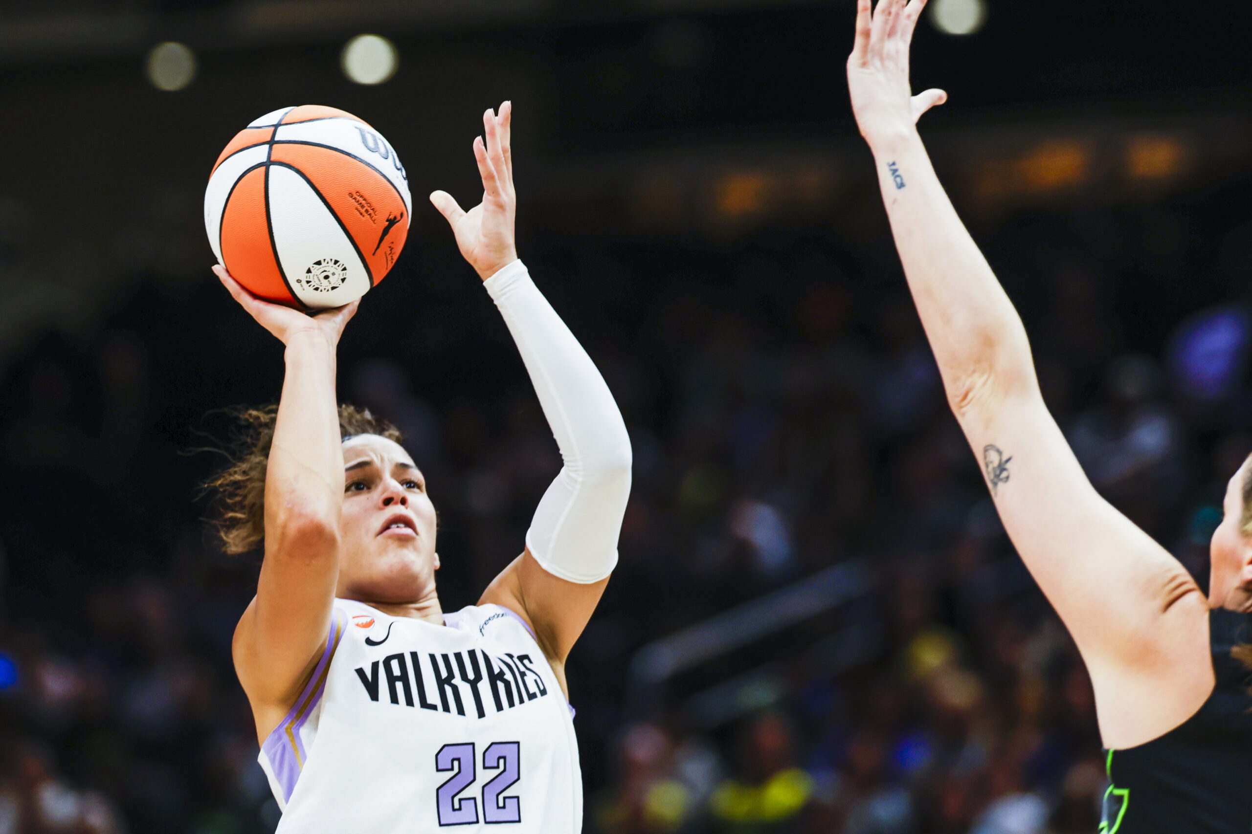 May 8, 2026; Seattle, Washington, USA; Golden State Valkyries guard Veronica Burton (22) shoots against the Seattle Storm during the second quarter at Climate Pledge Arena. Mandatory Credit: Joe Nicholson-Imagn Images
