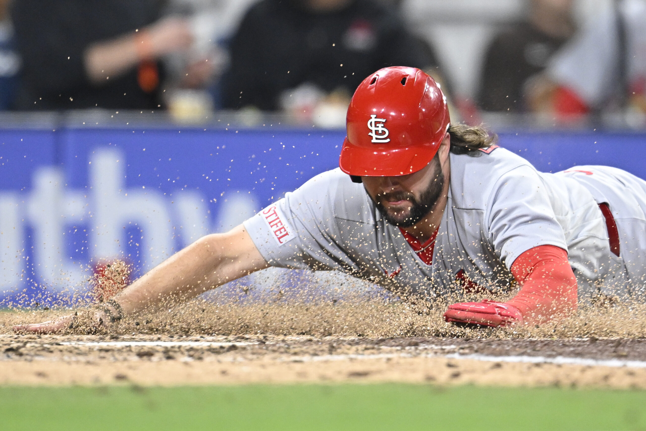 May 8, 2026; San Diego, California, USA; St. Louis Cardinals first baseman Alec Burleson (41) scores during the fifth inning against the San Diego Padres at Petco Park. Mandatory Credit: Denis Poroy-Imagn Images