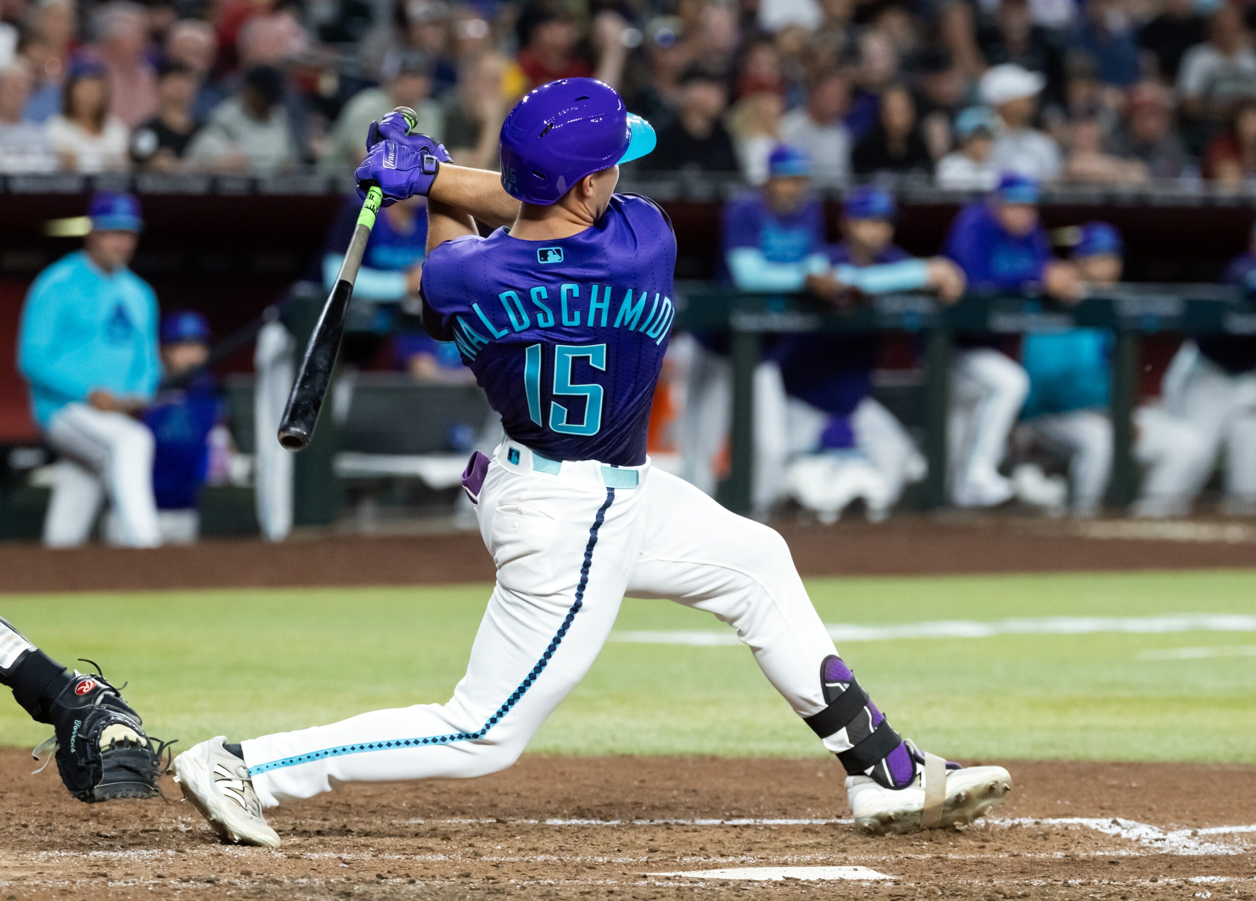 May 8, 2026; Phoenix, Arizona, USA; Arizona Diamondbacks pinch hitter Ryan Waldschmidt hits an eighth inning single for the first hit of his MLB career in the first at bat of his major league career against the New York Mets at Chase Field. Mandatory Credit: Mark J. Rebilas-Imagn Images