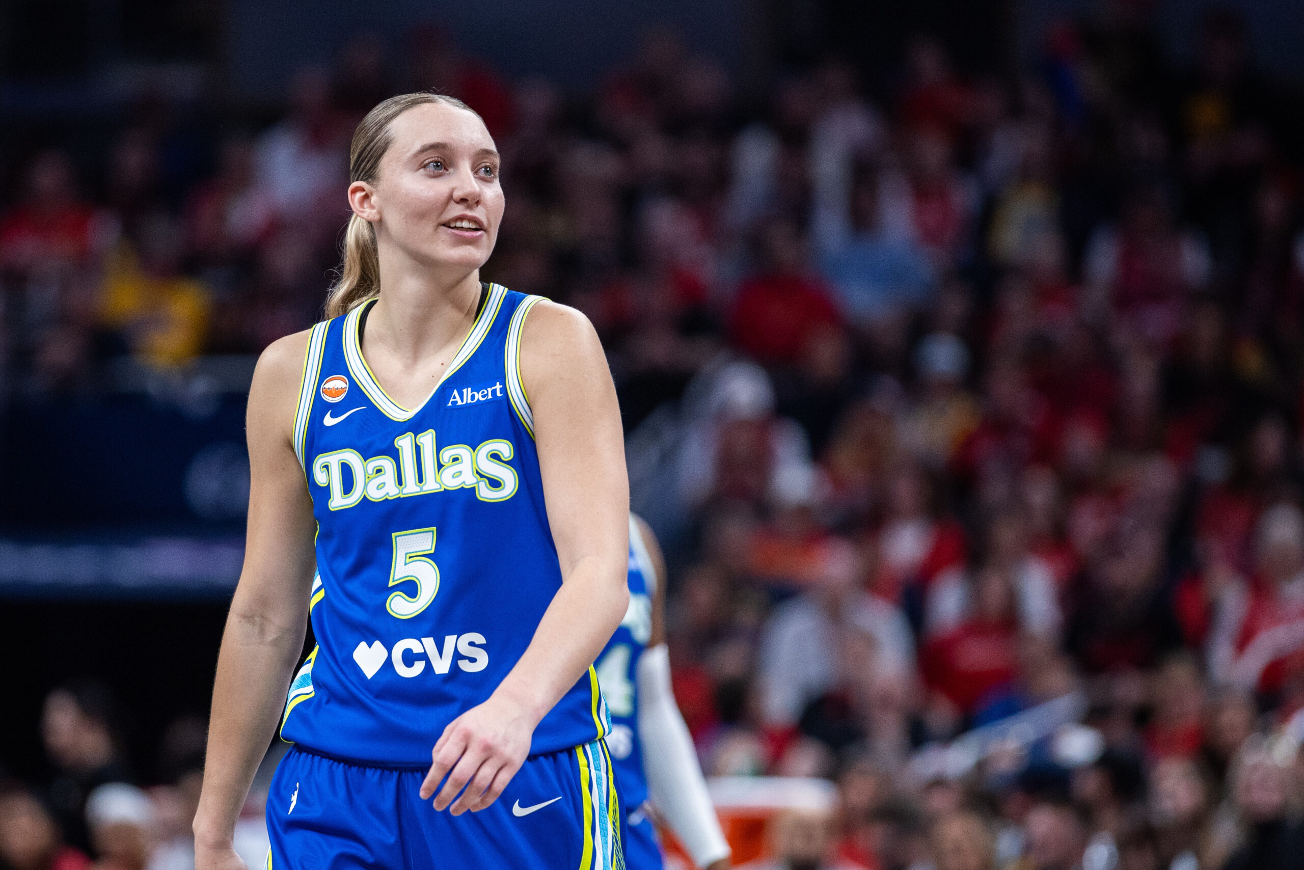 May 9, 2026; Indianapolis, Indiana, USA; Dallas Wings guard Paige Bueckers (5) in the second half against the Indiana Fever at Gainbridge Fieldhouse. Mandatory Credit: Trevor Ruszkowski-Imagn Images