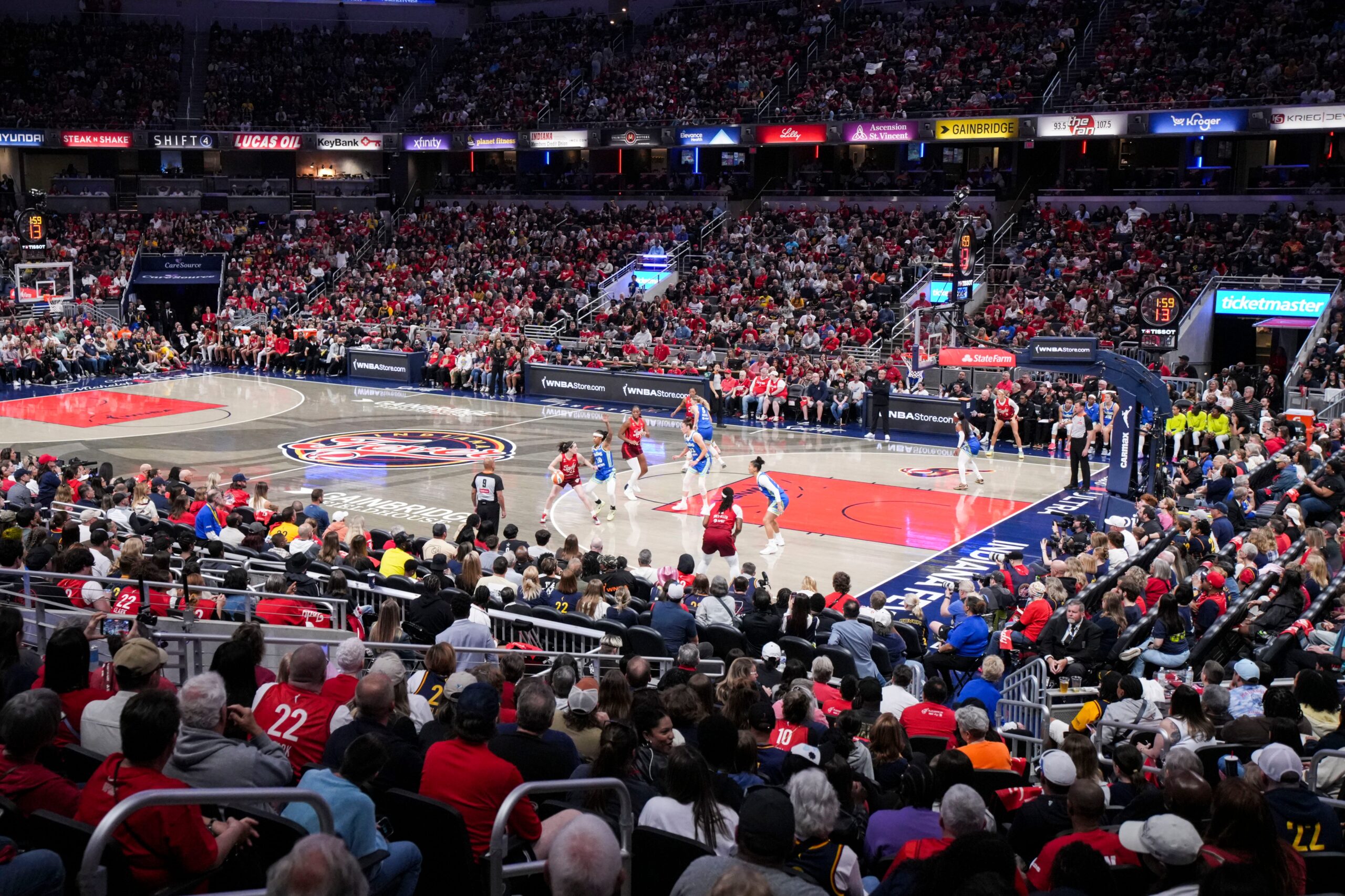 Indiana Fever guard Caitlin Clark (22) runs a play Saturday, May 9, 2026, during the first half of the Fever’s season opener game at Gainbridge Fieldhouse in Indianapolis. The Dallas Wings defeated the Indiana Fever, 107-104.