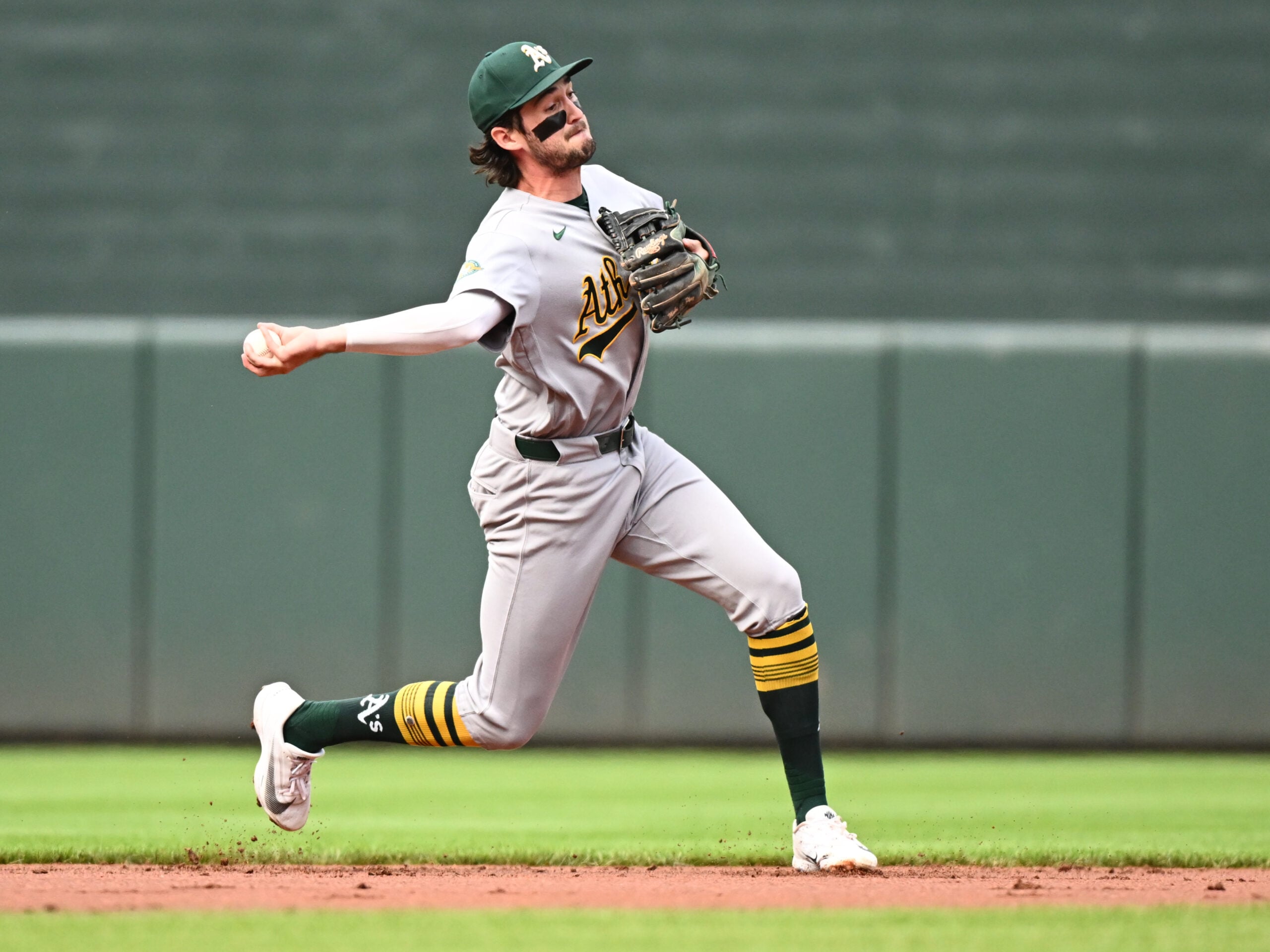 May 9, 2026; Baltimore, Maryland, USA; Athletics shortstop Jacob Wilson (5) throws to first base during the first inning against the Baltimore Orioles at Oriole Park at Camden Yards. Mandatory Credit: James A. Pittman-Imagn Images
