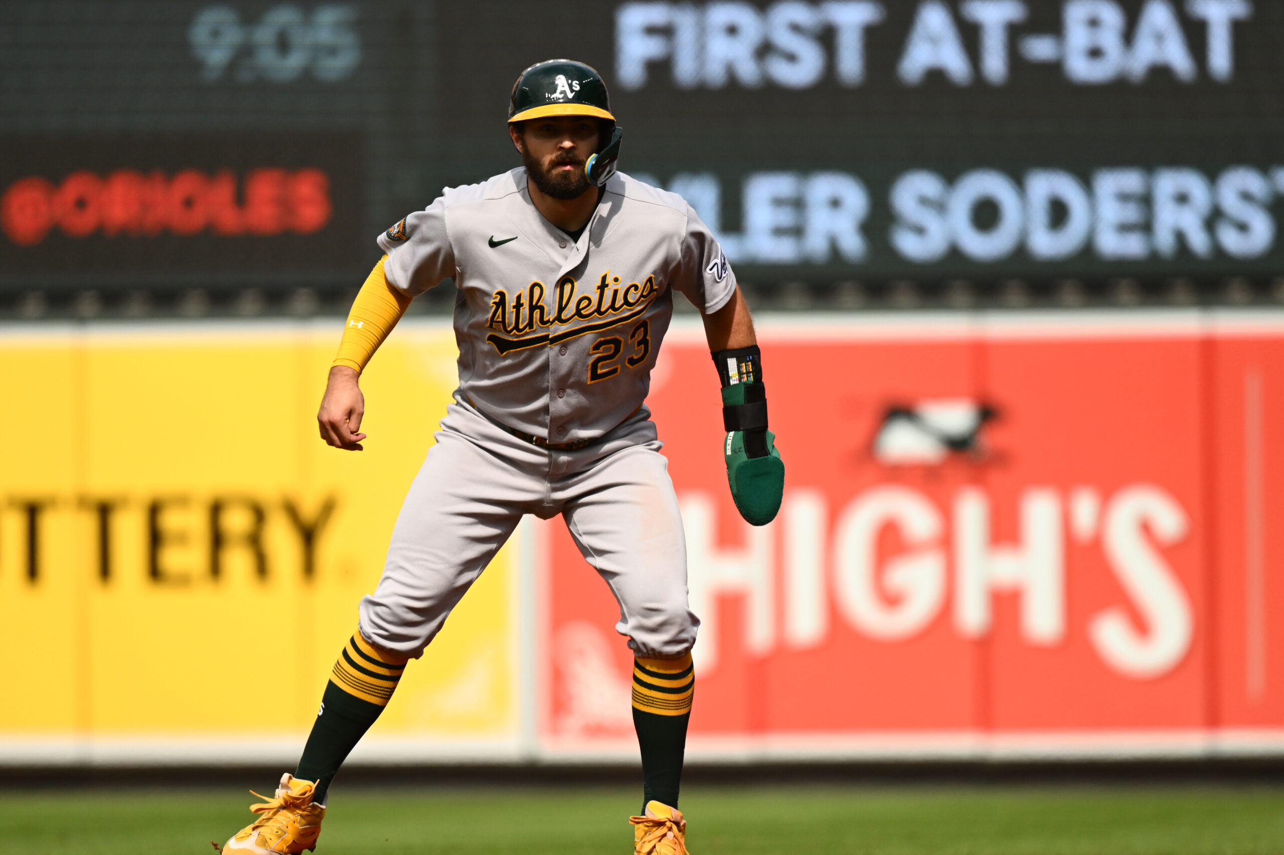 May 9, 2026; Baltimore, Maryland, USA; Athletics catcher Shea Langeliers (23) takes a lead off first base during the first inning against the Baltimore Orioles at Oriole Park at Camden Yards. Mandatory Credit: James A. Pittman-Imagn Images