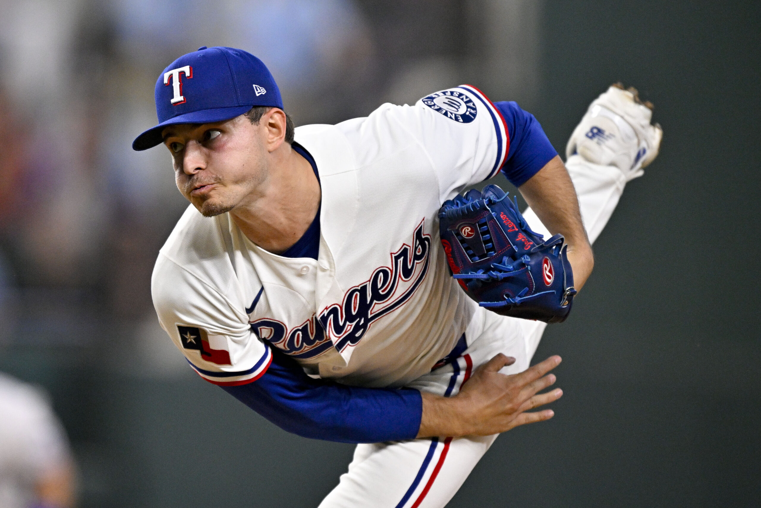 May 9, 2026; Arlington, Texas, USA; Texas Rangers starting pitcher Jack Leiter (22) pitches against the Chicago Cubs during the first inning at Globe Life Field. Mandatory Credit: Jerome Miron-Imagn Images