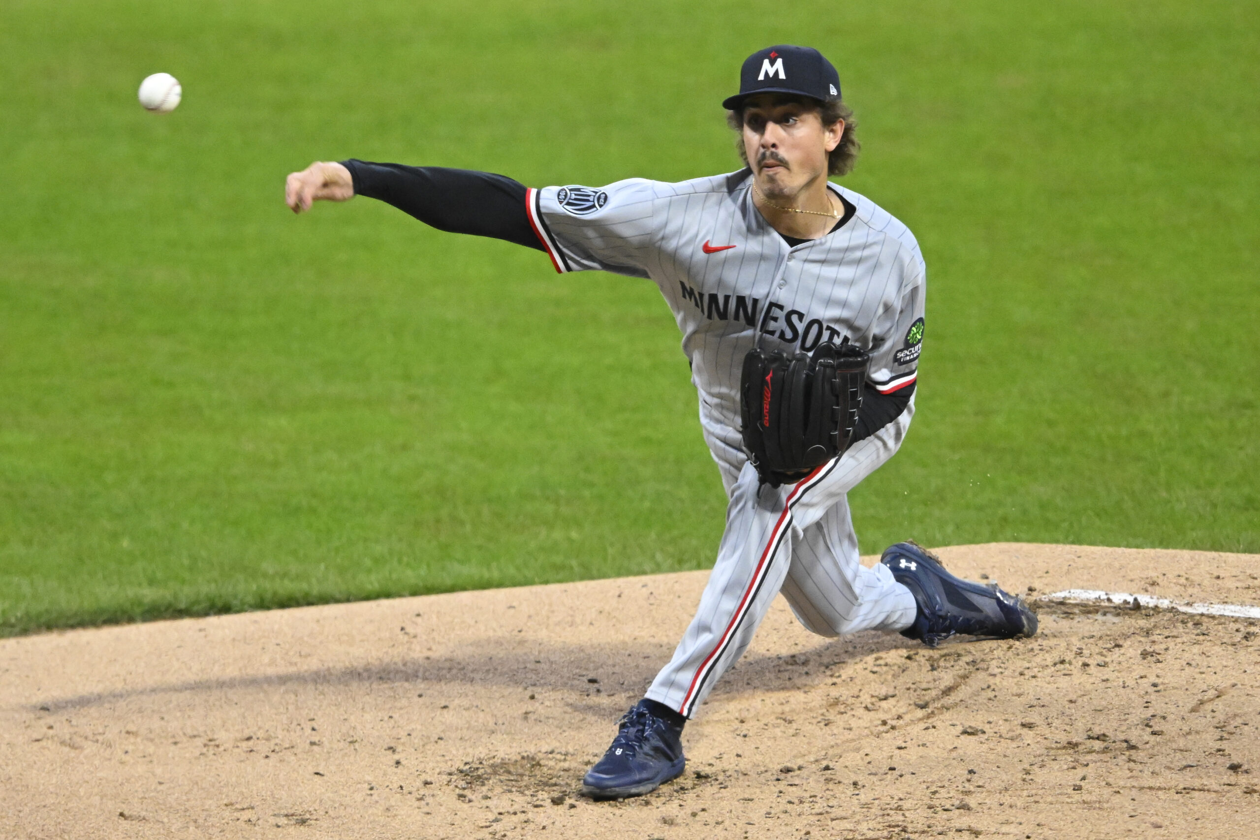 May 9, 2026; Cleveland, Ohio, USA; Minnesota Twins starting pitcher Joe Ryan (41) delivers a pitch in the first inning against the Cleveland Guardians at Progressive Field. Mandatory Credit: David Richard-Imagn Images