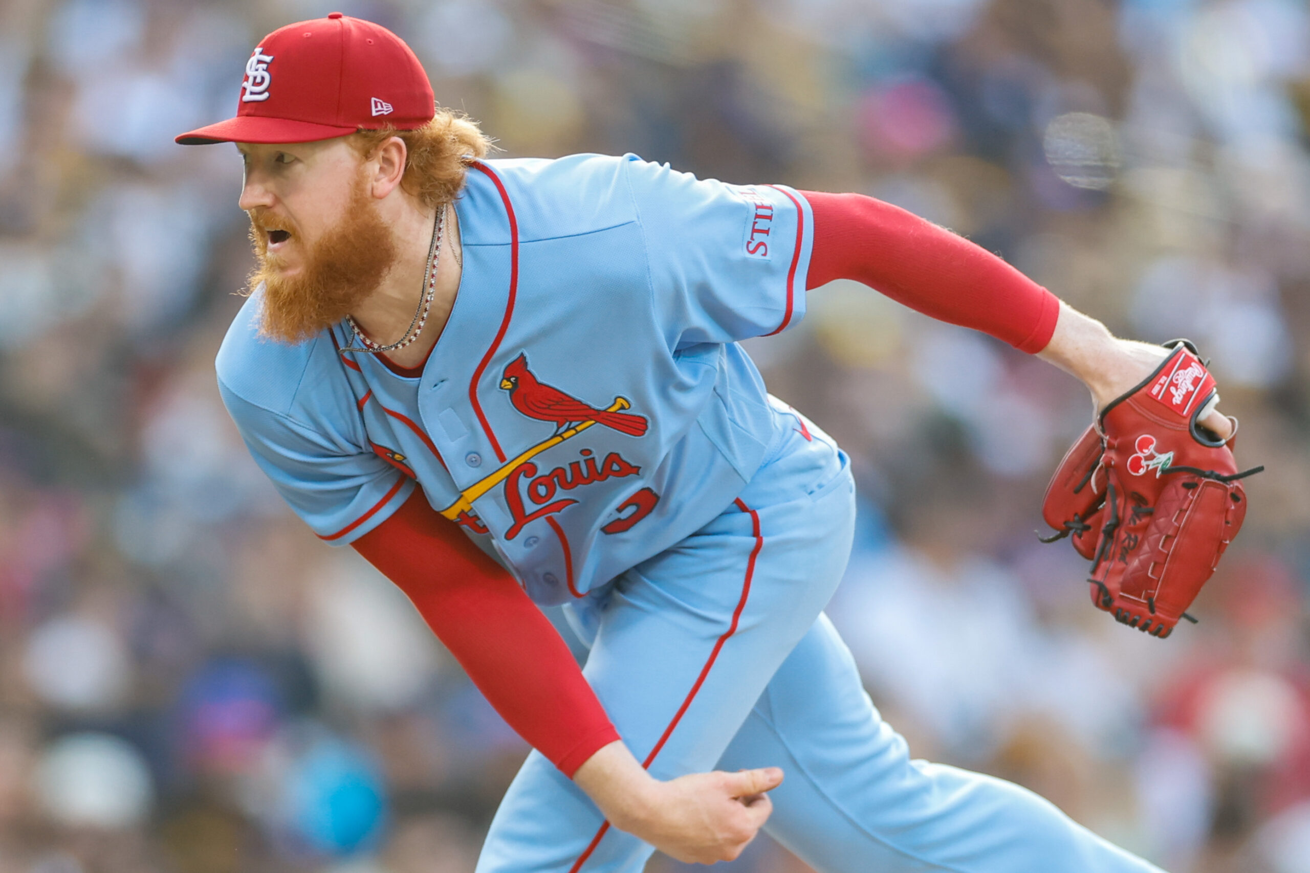 May 9, 2026; San Diego, California, USA; St. Louis Cardinals starting pitcher Dustin May (3) throws a pitch during the sixth inning against the San Diego Padres at Petco Park. Mandatory Credit: David Frerker-Imagn Images