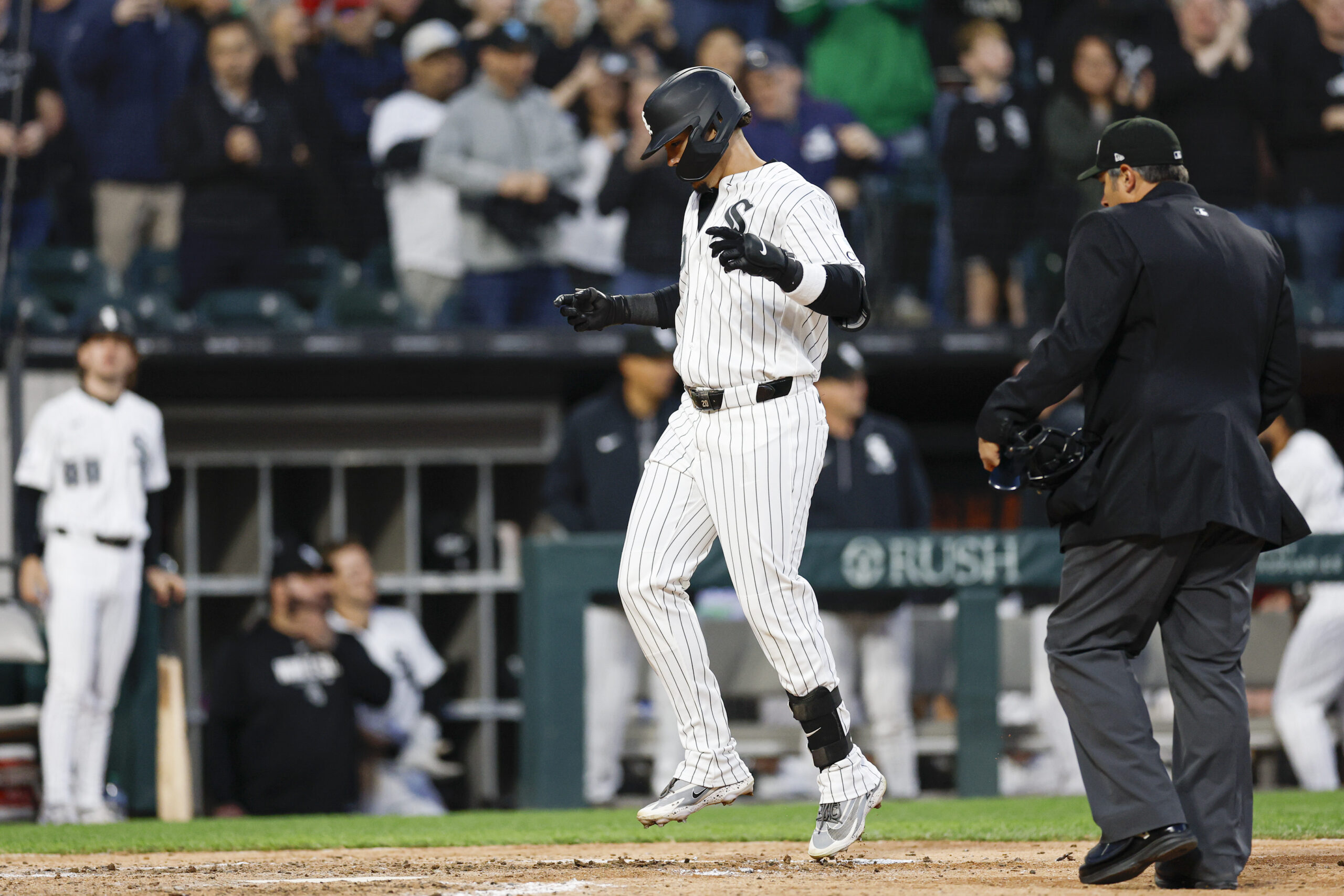 May 9, 2026; Chicago, Illinois, USA; Chicago White Sox third baseman Miguel Vargas (20) crosses home plate after hitting a solo home run against the Seattle Mariners during the fifth inning at Rate Field. Mandatory Credit: Kamil Krzaczynski-Imagn Images