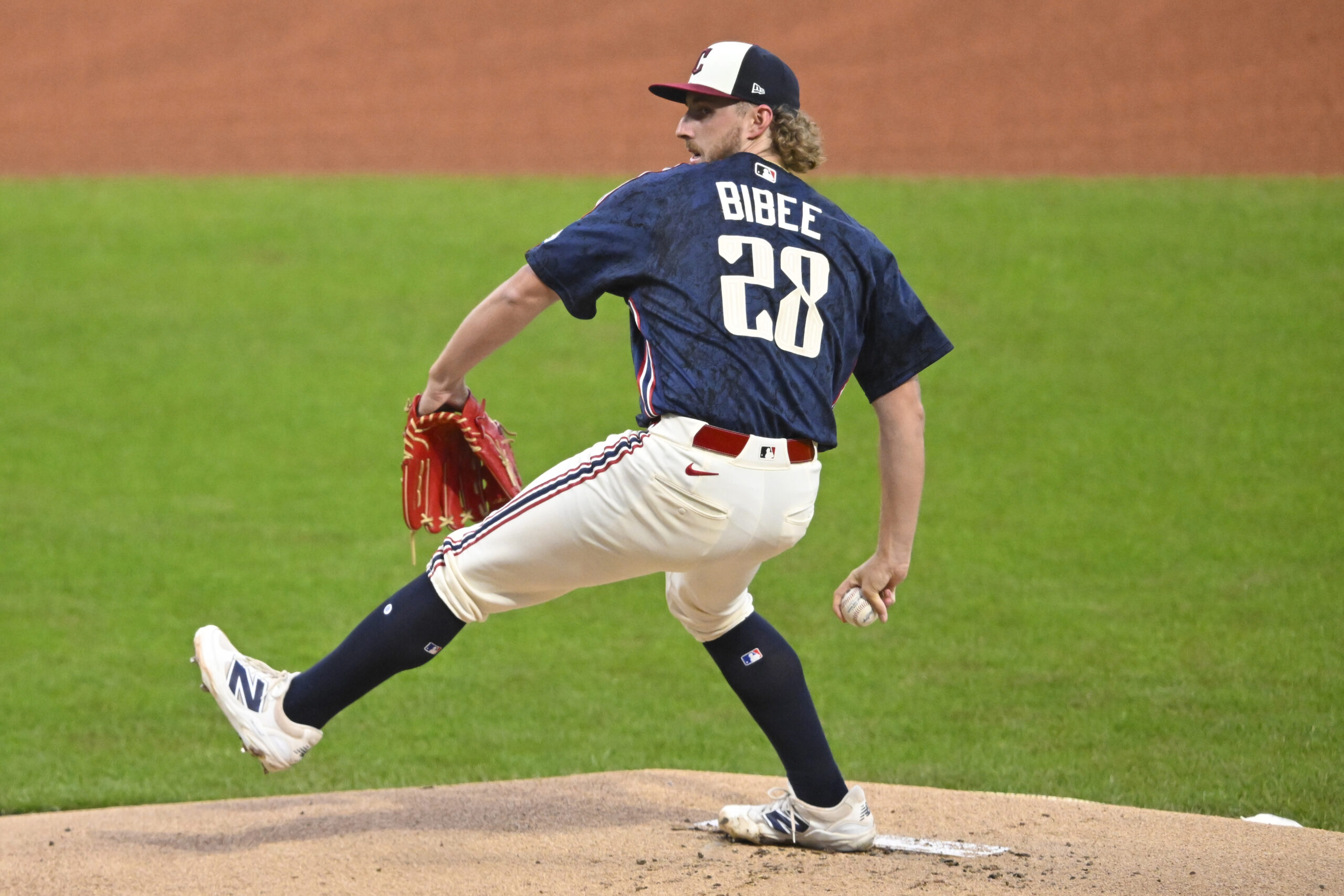 May 9, 2026; Cleveland, Ohio, USA; Cleveland Guardians starting pitcher Tanner Bibee (28) delivers a pitch in the first inning against the Minnesota Twins at Progressive Field. Mandatory Credit: David Richard-Imagn Images