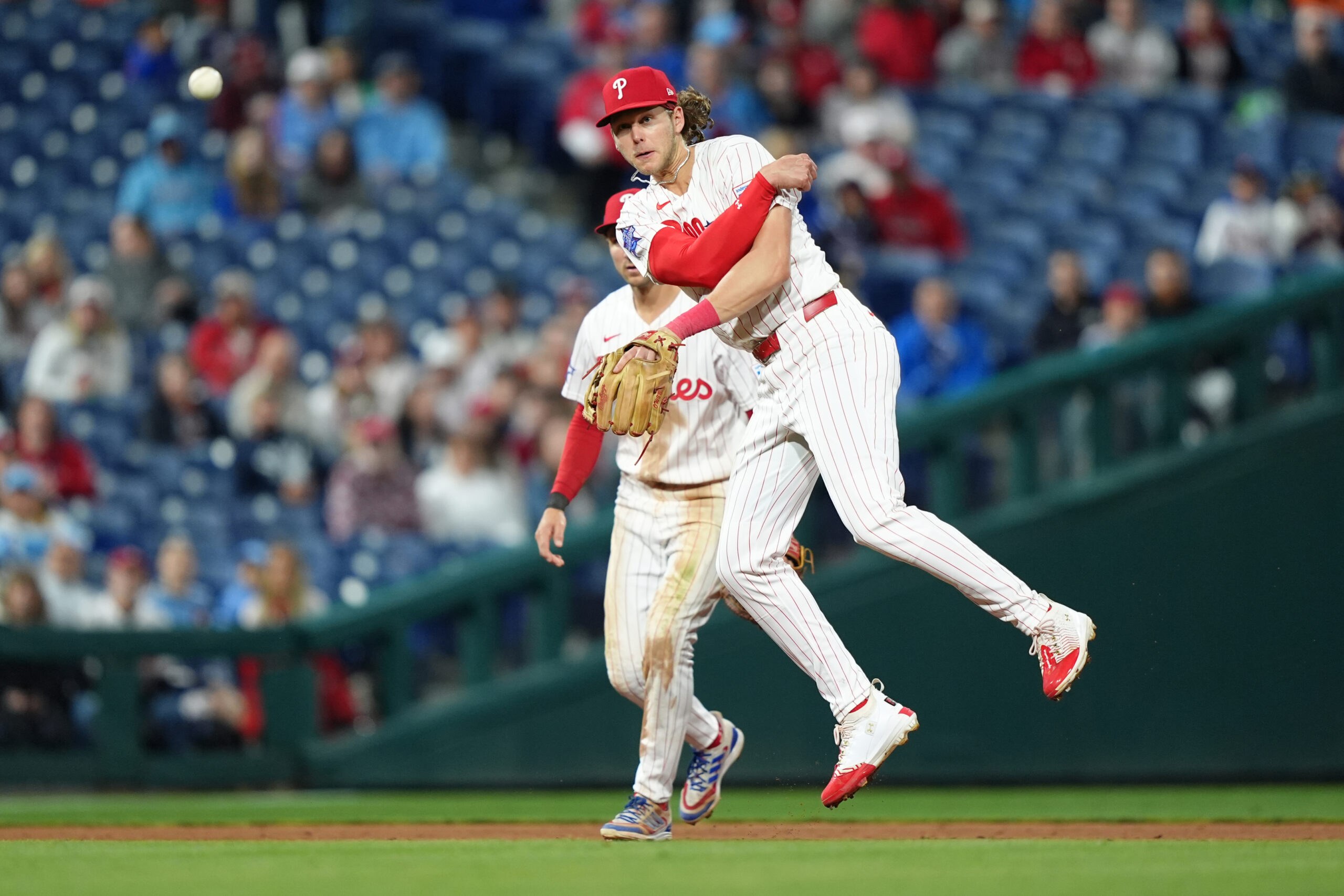 May 9, 2026; Philadelphia, Pennsylvania, USA; Philadelphia Phillies infielder Alec Bohm (28) throws to first against the Colorado Rockies in the ninth inning at Citizens Bank Park. Mandatory Credit: Kyle Ross-Imagn Images