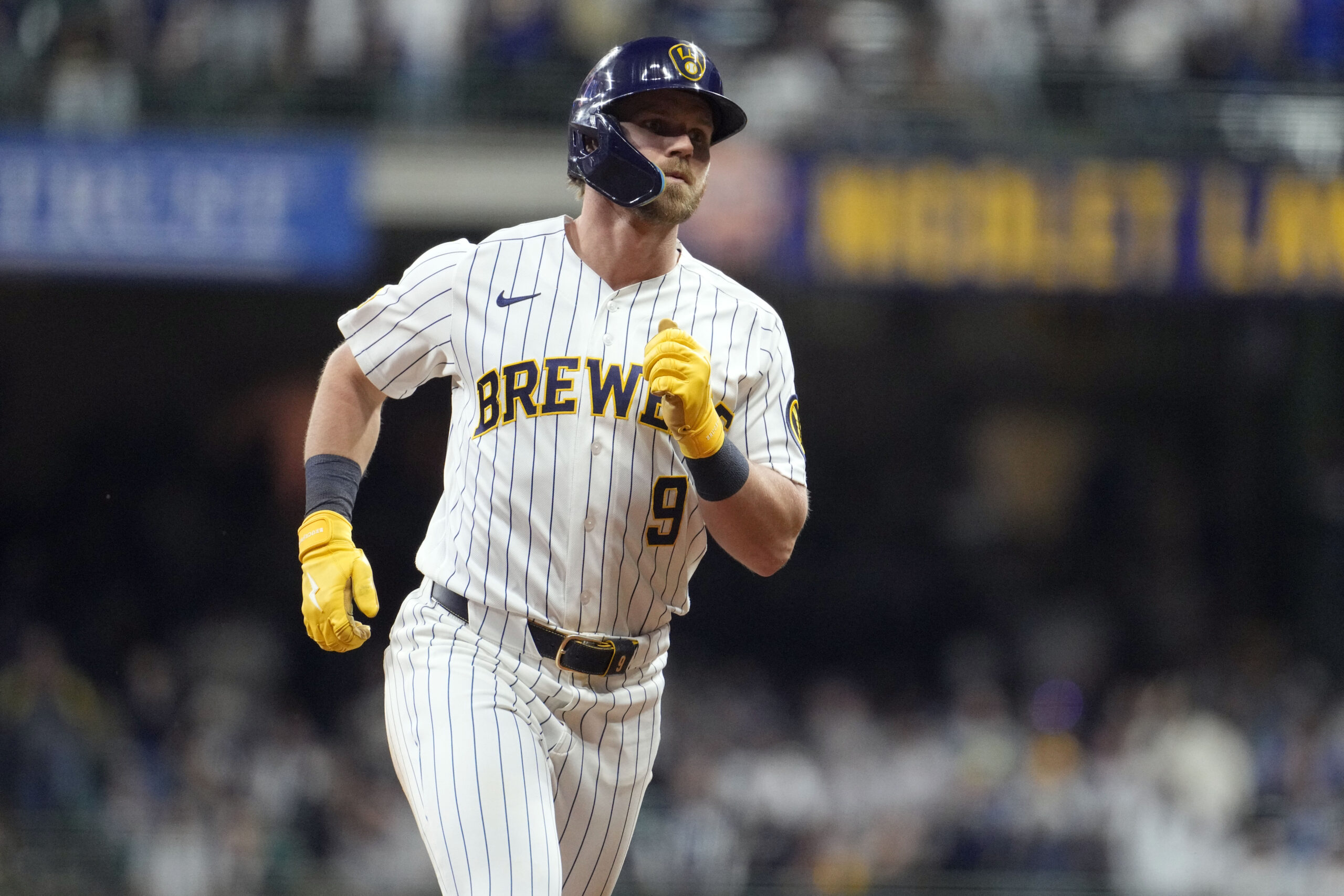 May 9, 2026; Milwaukee, Wisconsin, USA; Milwaukee Brewers first baseman Jake Bauers (9) rounds the bases after hitting a home run against the New York Yankees in the seventh inning at American Family Field. Mandatory Credit: Michael McLoone-Imagn Images