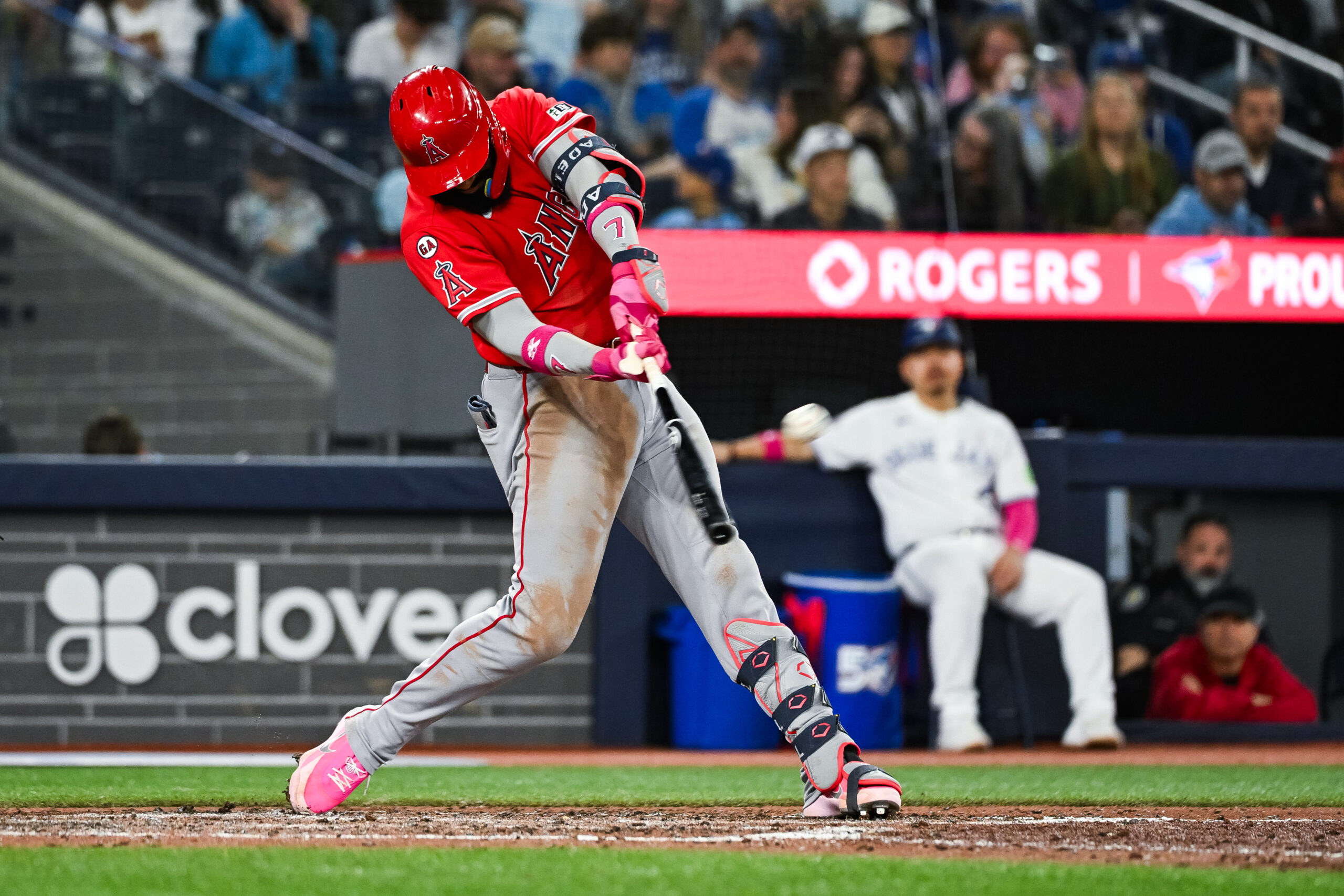 May 10, 2026; Toronto, Ontario, CAN; Los Angeles Angels right fielder Jo Adell (7) hits a homerun against the Toronto Blue Jays in the ninth inning at Rogers Centre. Mandatory Credit: David Kirouac-Imagn Images