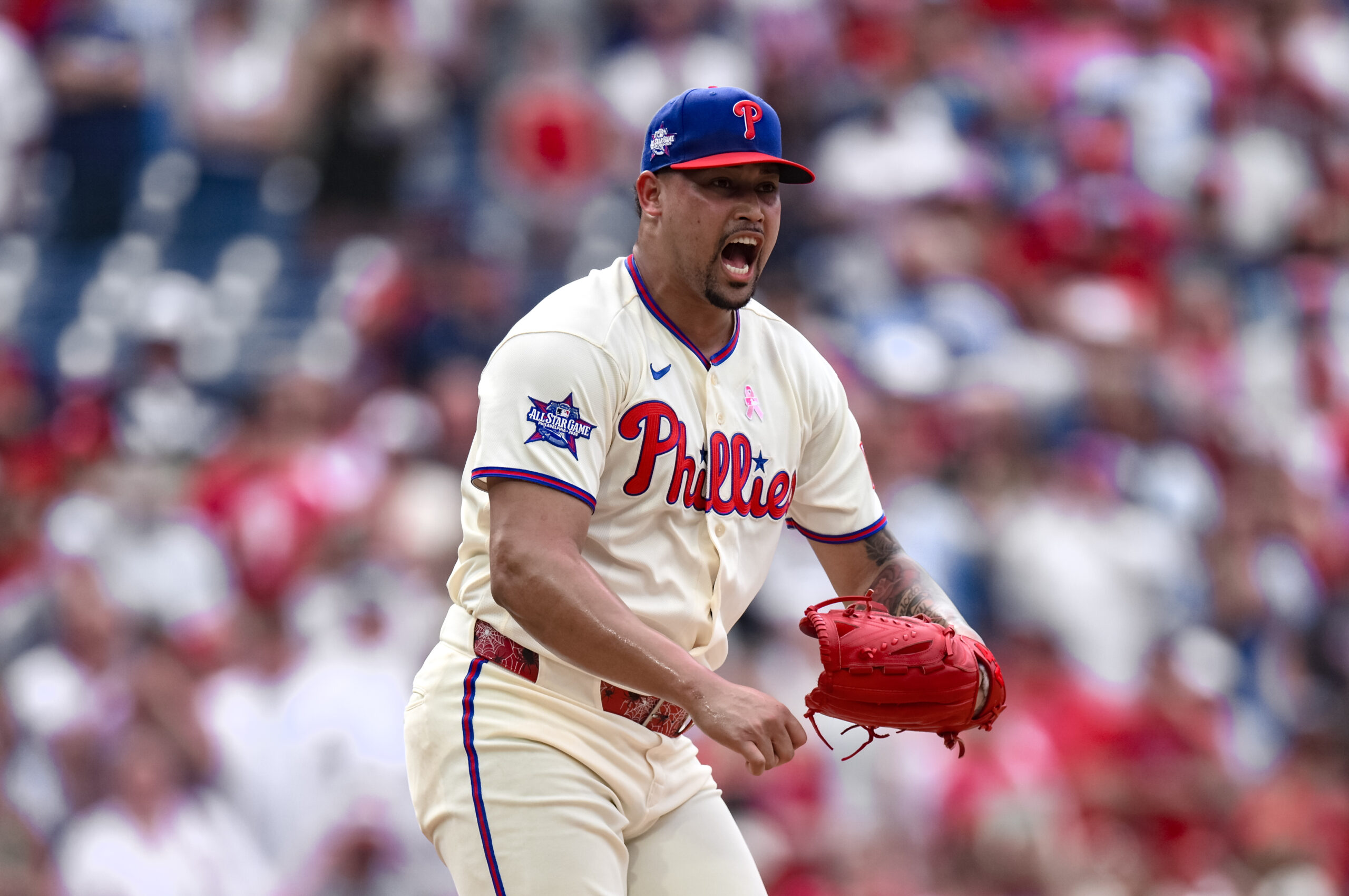 May 10, 2026; Philadelphia, Pennsylvania, USA; Philadelphia Phillies pitcher Jhoan Duran (59) reacts after getting the games final out against the Colorado Rockies at Citizens Bank Park. Mandatory Credit: John Jones-Imagn Images