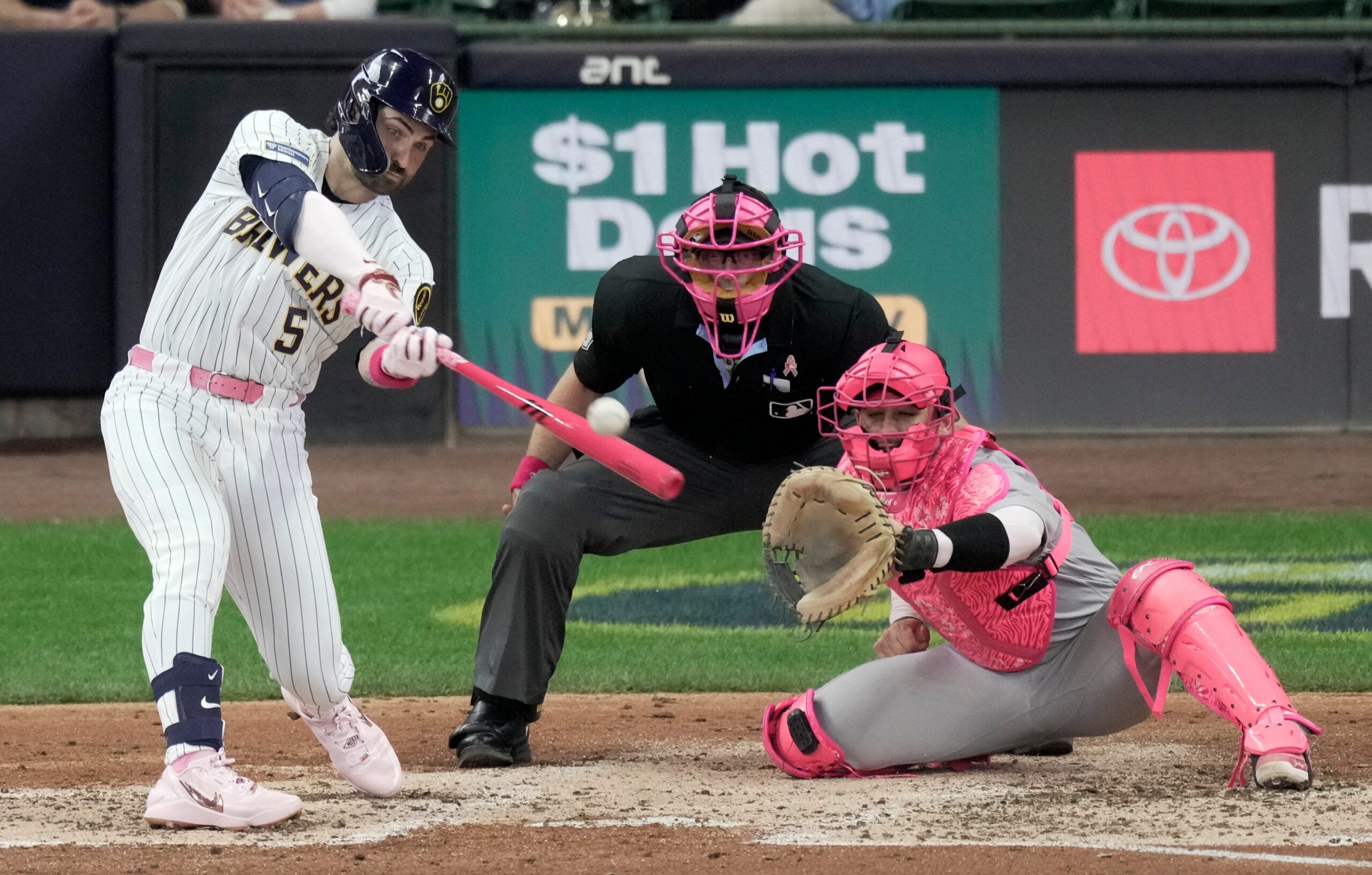 Milwaukee Brewers center fielder Garrett Mitchell (5) hits a sacrifice fly during the fourth inning of their game against the New York Yankees Sunday, May 10, 2026 at American Family Field in Milwaukee, Wisconsin.
