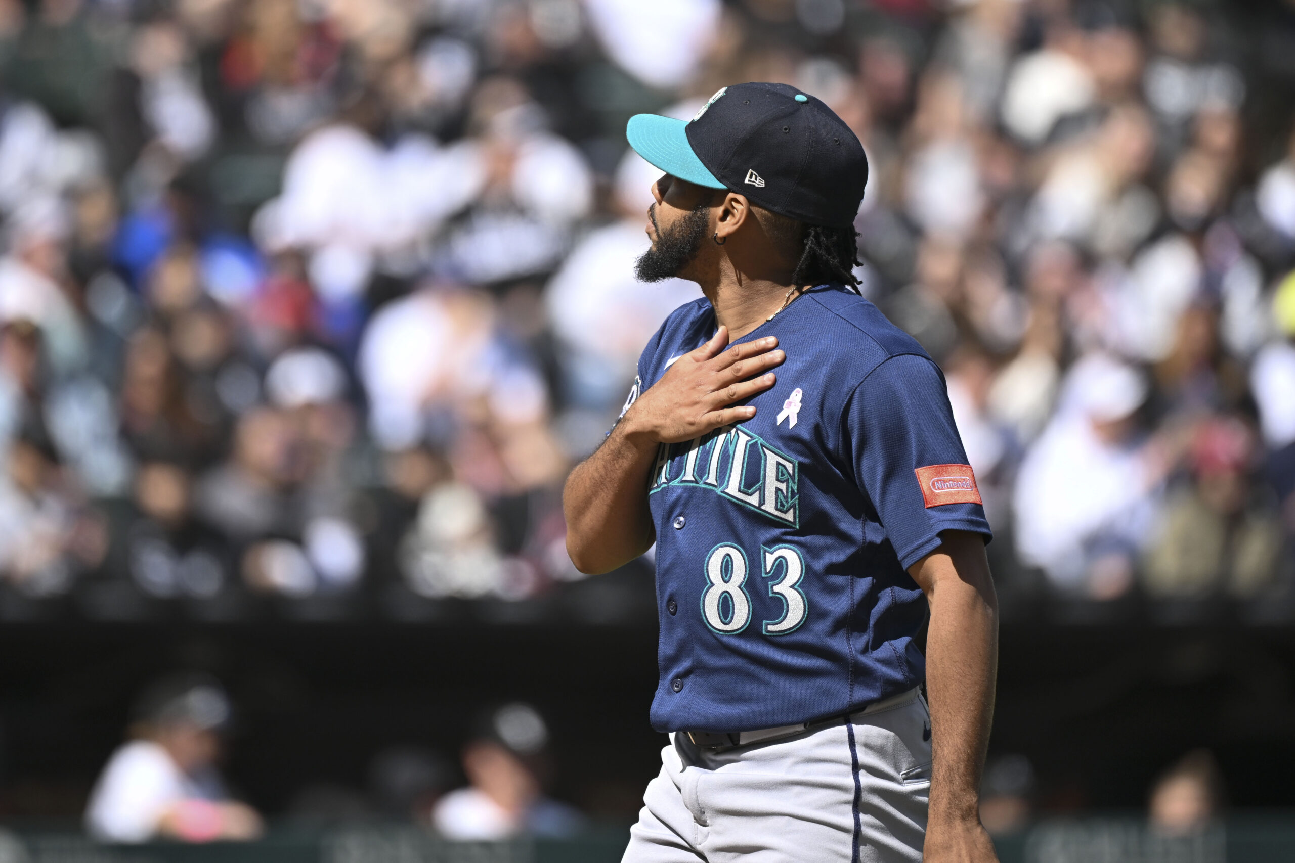 May 10, 2026; Chicago, Illinois, USA;  Seattle Mariners pitcher Eduard Bazardo (83) after the eighth inning against the Chicago White Sox at Rate Field. Mandatory Credit: Matt Marton-Imagn Images