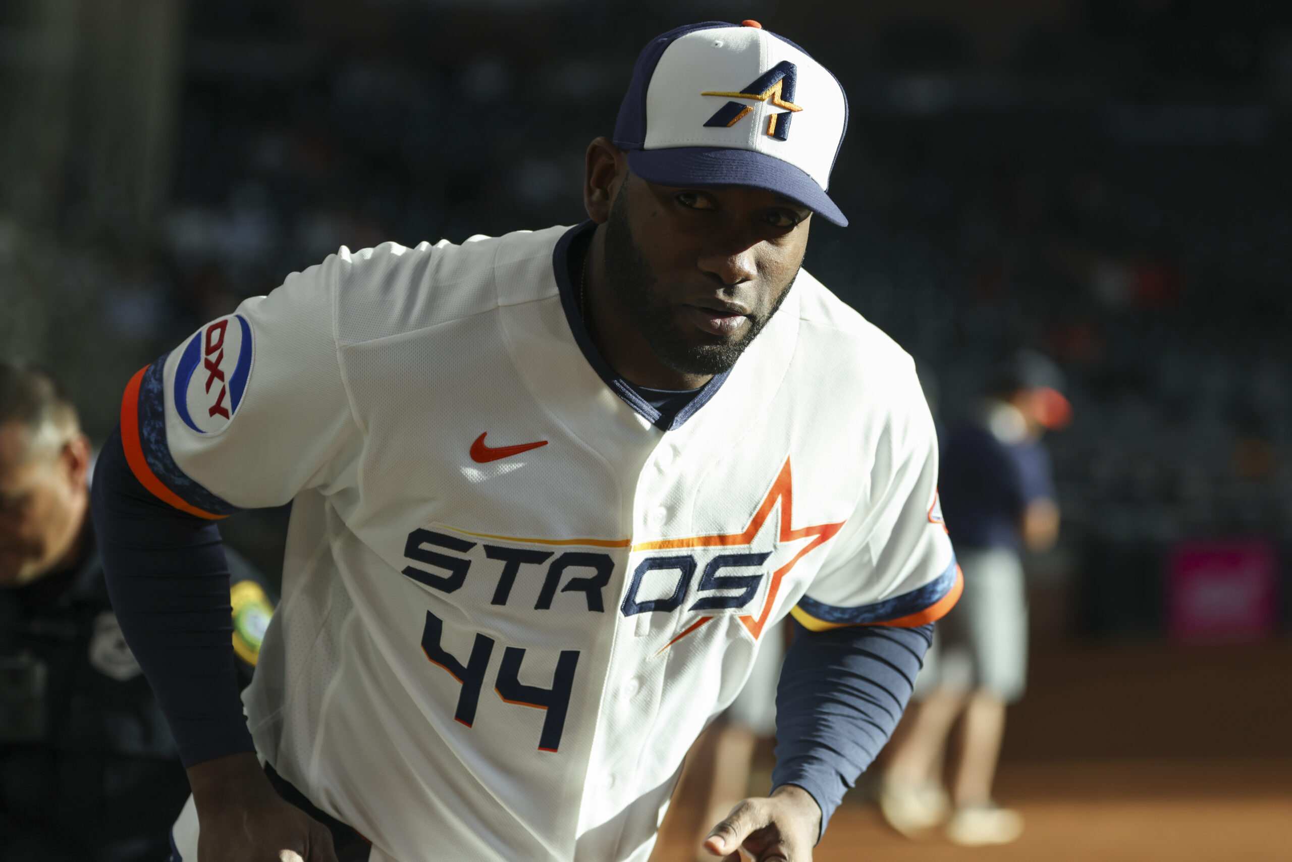 May 11, 2026; Houston, Texas, USA; Houston Astros designated hitter Yordan Alvarez (44) jogs onto the field before the game against the Seattle Mariners at Daikin Park. Mandatory Credit: Troy Taormina-Imagn Images