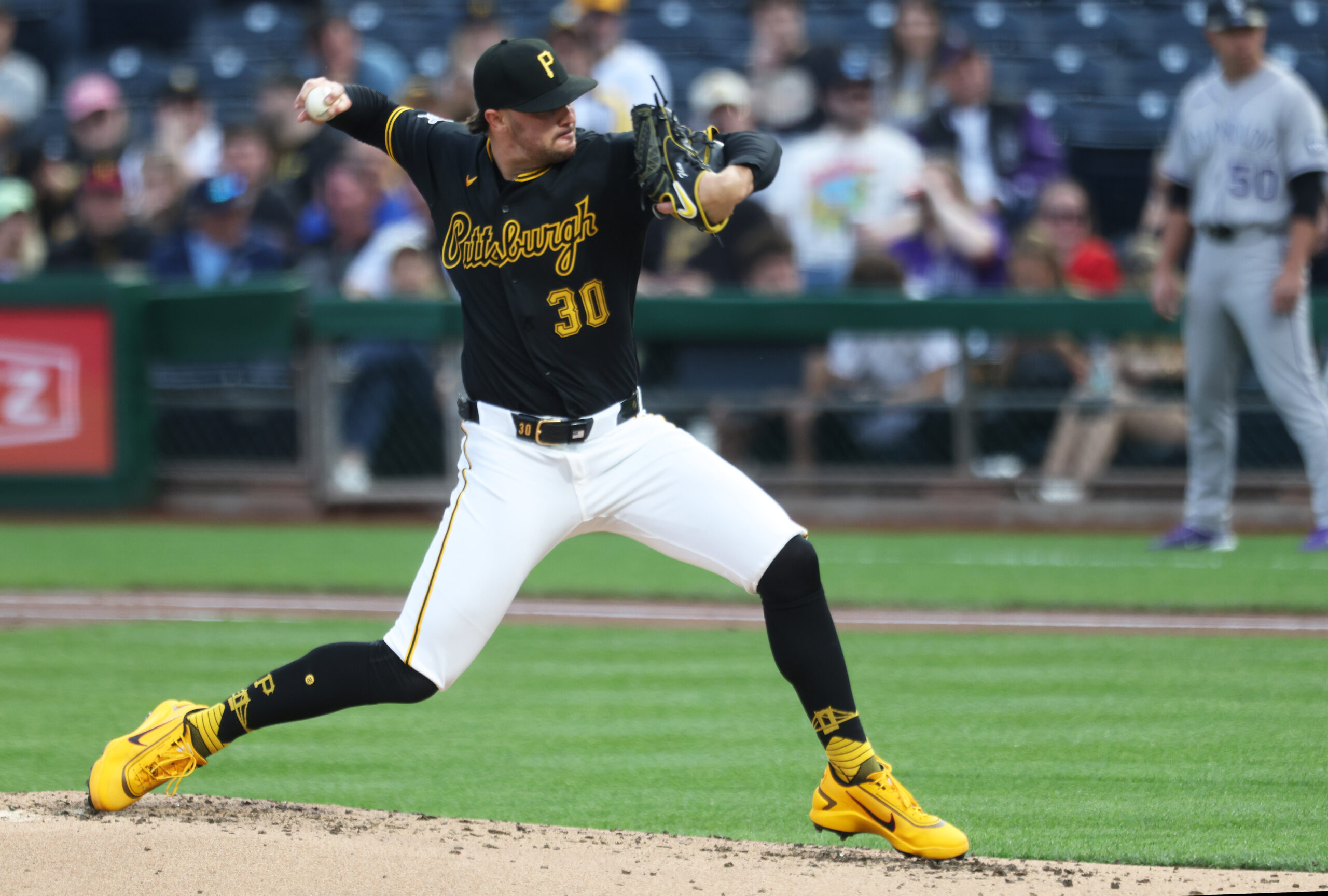 May 12, 2026; Pittsburgh, Pennsylvania, USA;  Pittsburgh Pirates starting pitcher Paul Skenes (30) pitches against the Colorado Rockies during the second inning at PNC Park. Mandatory Credit: Charles LeClaire-Imagn Images