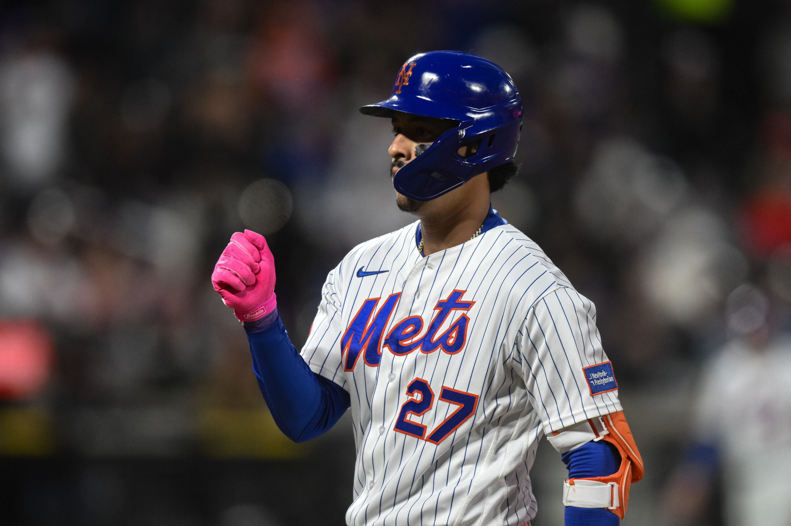 May 12, 2026; New York City, New York, USA; New York Mets first baseman Mark Vientos (27) reacts after hitting a RBI single during the second inning against the Detroit Tigers at Citi Field. Mandatory Credit: John Jones-Imagn Images