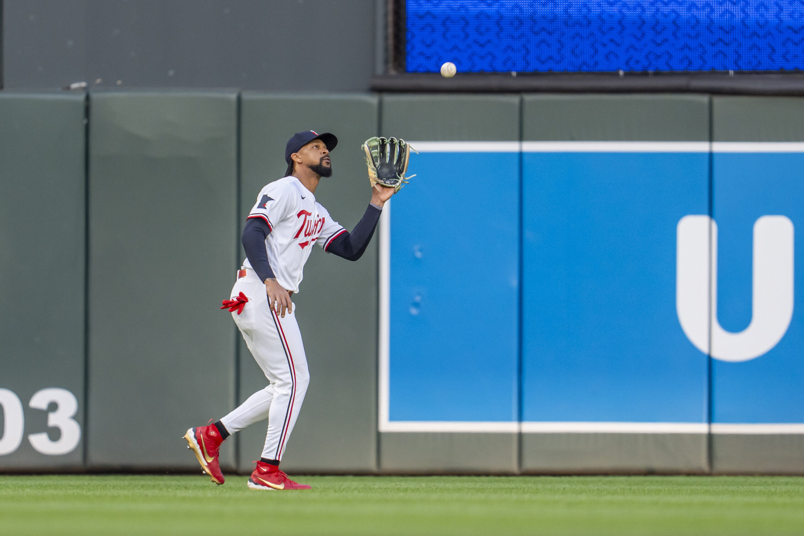 May 12, 2026; Minneapolis, Minnesota, USA; Minnesota Twins center fielder Byron Buxton (25) catches a fly ball against the Miami Marlins in the fourth inning at Target Field. Mandatory Credit: Jesse Johnson-Imagn Images